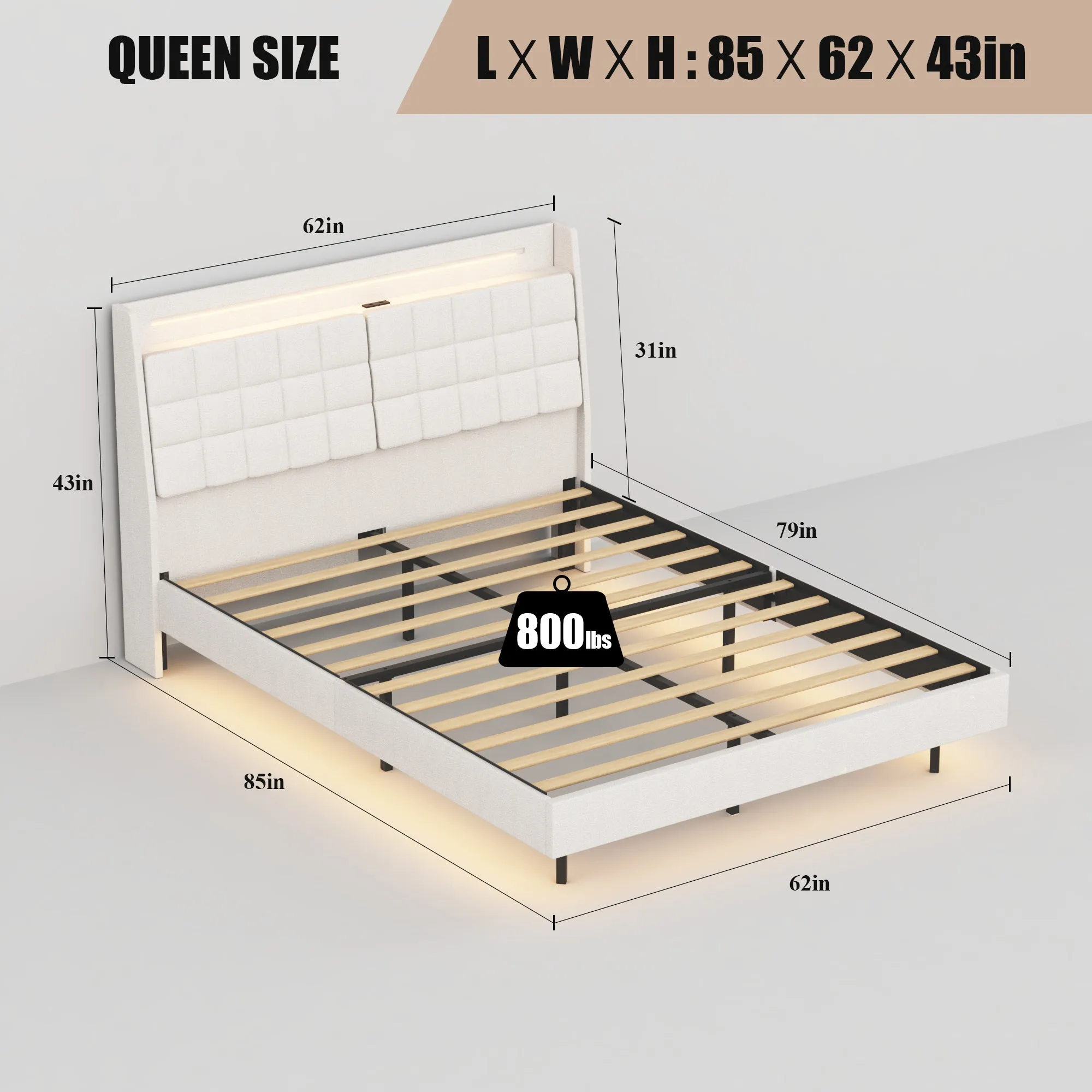 Queen Floating Bed Frame with LED Light and Charging Station Upholstered Platform Bed Frame Queen Size with Headboard and Hidden Storage Space, No Box Spring Needed, Beige