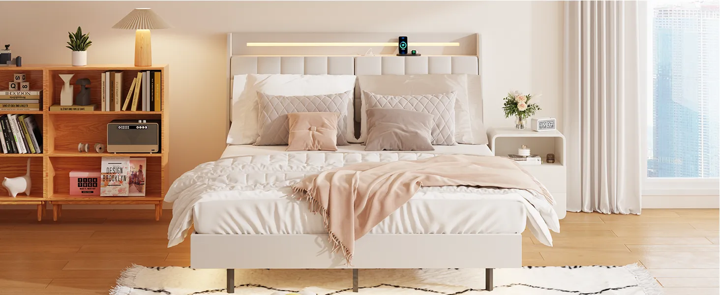 Queen Floating Bed Frame with LED Light and Charging Station Upholstered Platform Bed Frame Queen Size with Headboard and Hidden Storage Space, No Box Spring Needed, Beige