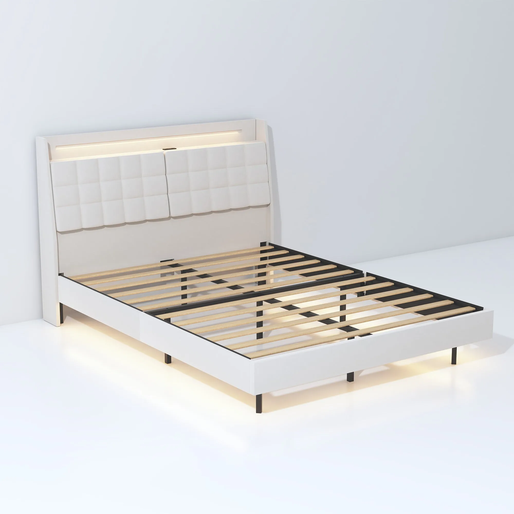 Queen Floating Bed Frame with LED Light and Charging Station Upholstered Platform Bed Frame Queen Size with Headboard and Hidden Storage Space, No Box Spring Needed, Beige