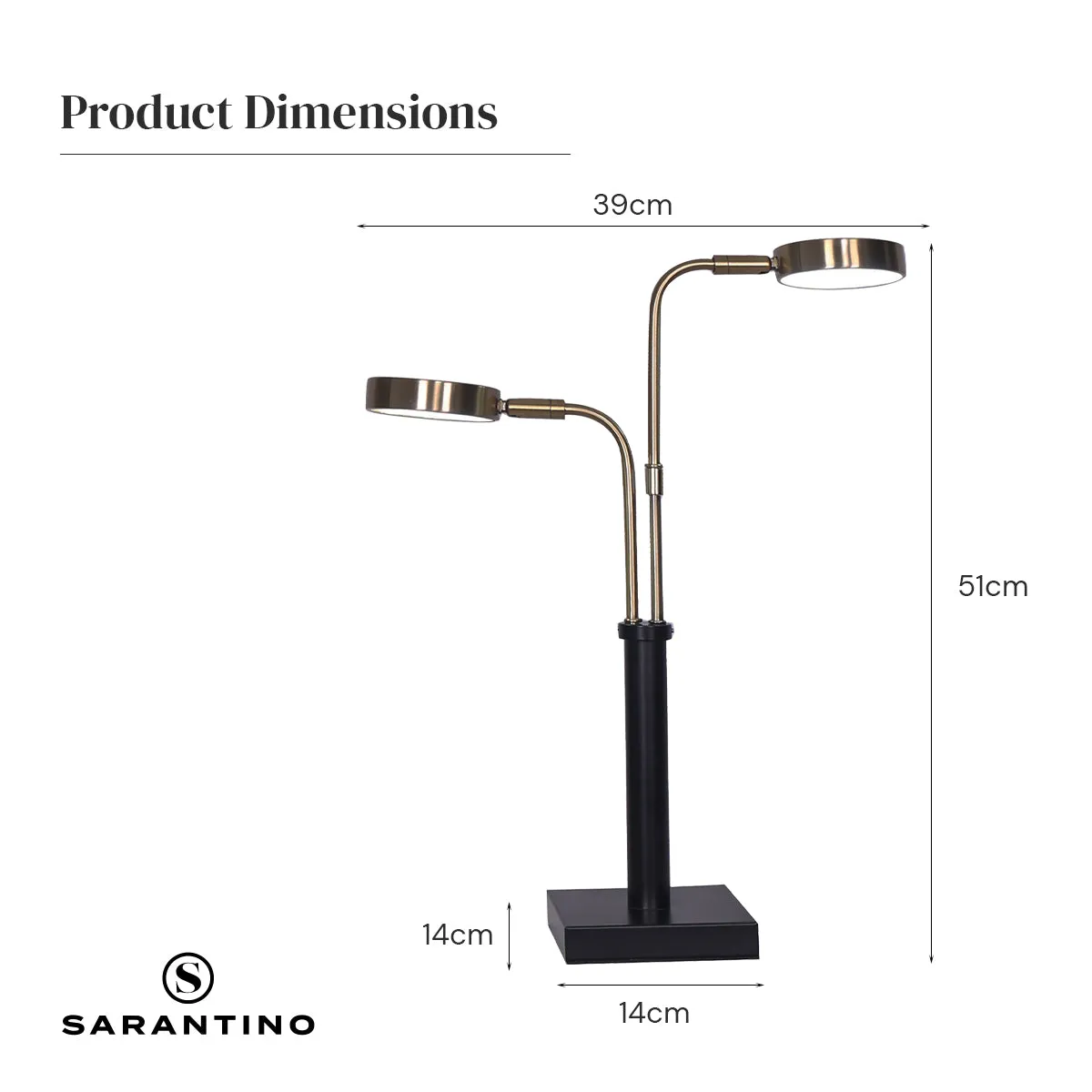 Sarantino LED Metal Table Lamp with 2 Lights (Brushed Gold/Black Finish)