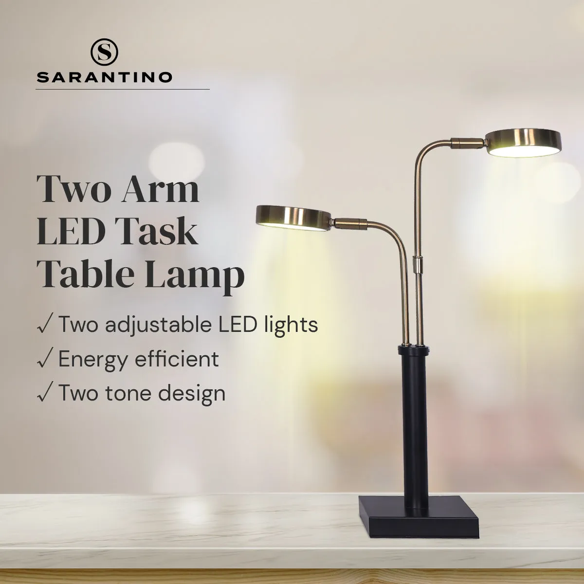 Sarantino LED Metal Table Lamp with 2 Lights (Brushed Gold/Black Finish)