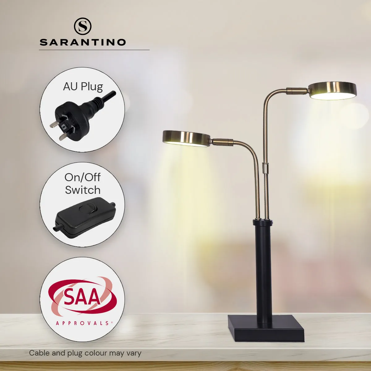 Sarantino LED Metal Table Lamp with 2 Lights (Brushed Gold/Black Finish)