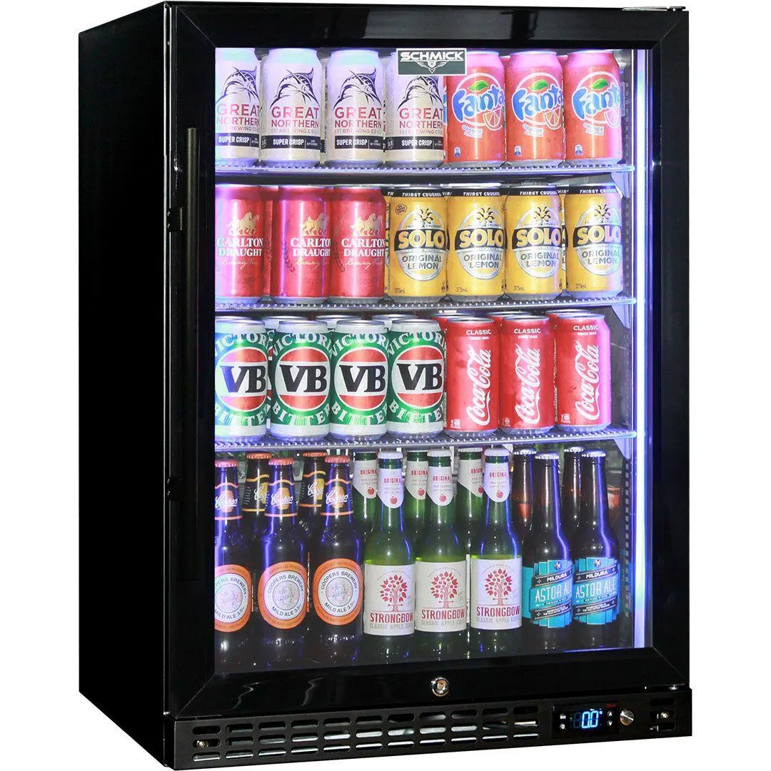 Schmick 164 Litre Black Under Bench Bar Fridge with Single Triple-Glazed Glass Door - SK156-B