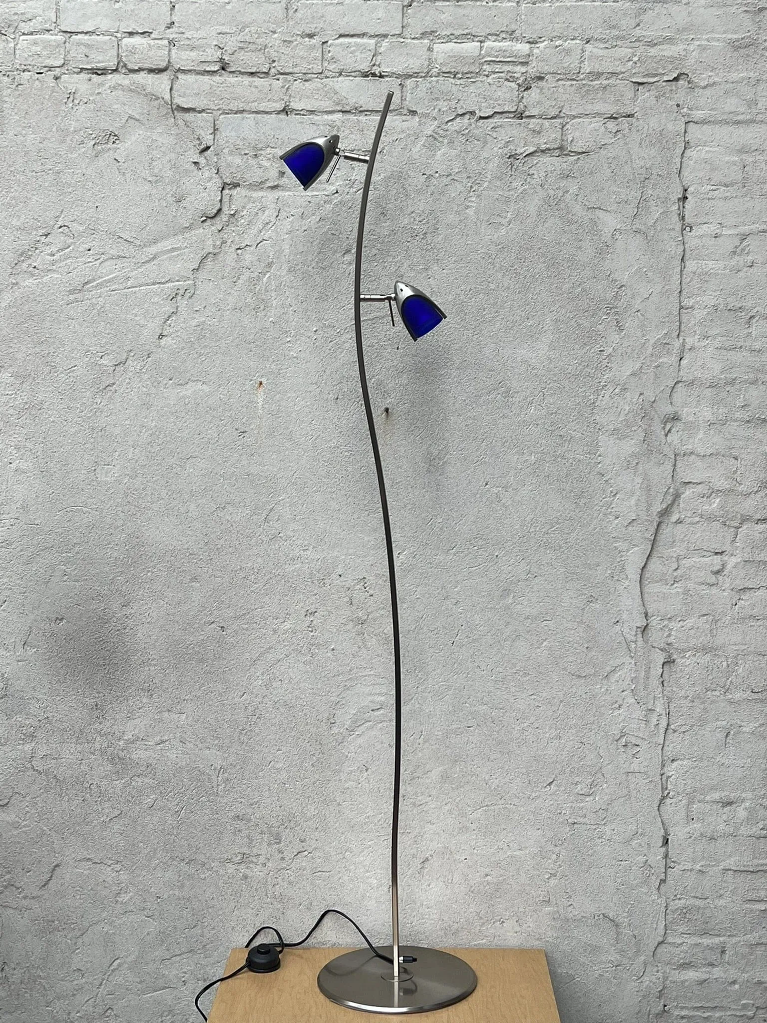 Slim Modern Vintage Tulip Floor Lamp, 1990's, Two Lights, Compact, New Old Stock, Amber (or Blue) Glass