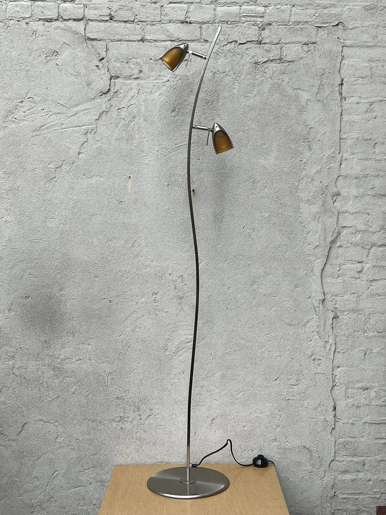 Slim Modern Vintage Tulip Floor Lamp, 1990's, Two Lights, Compact, New Old Stock, Amber (or Blue) Glass