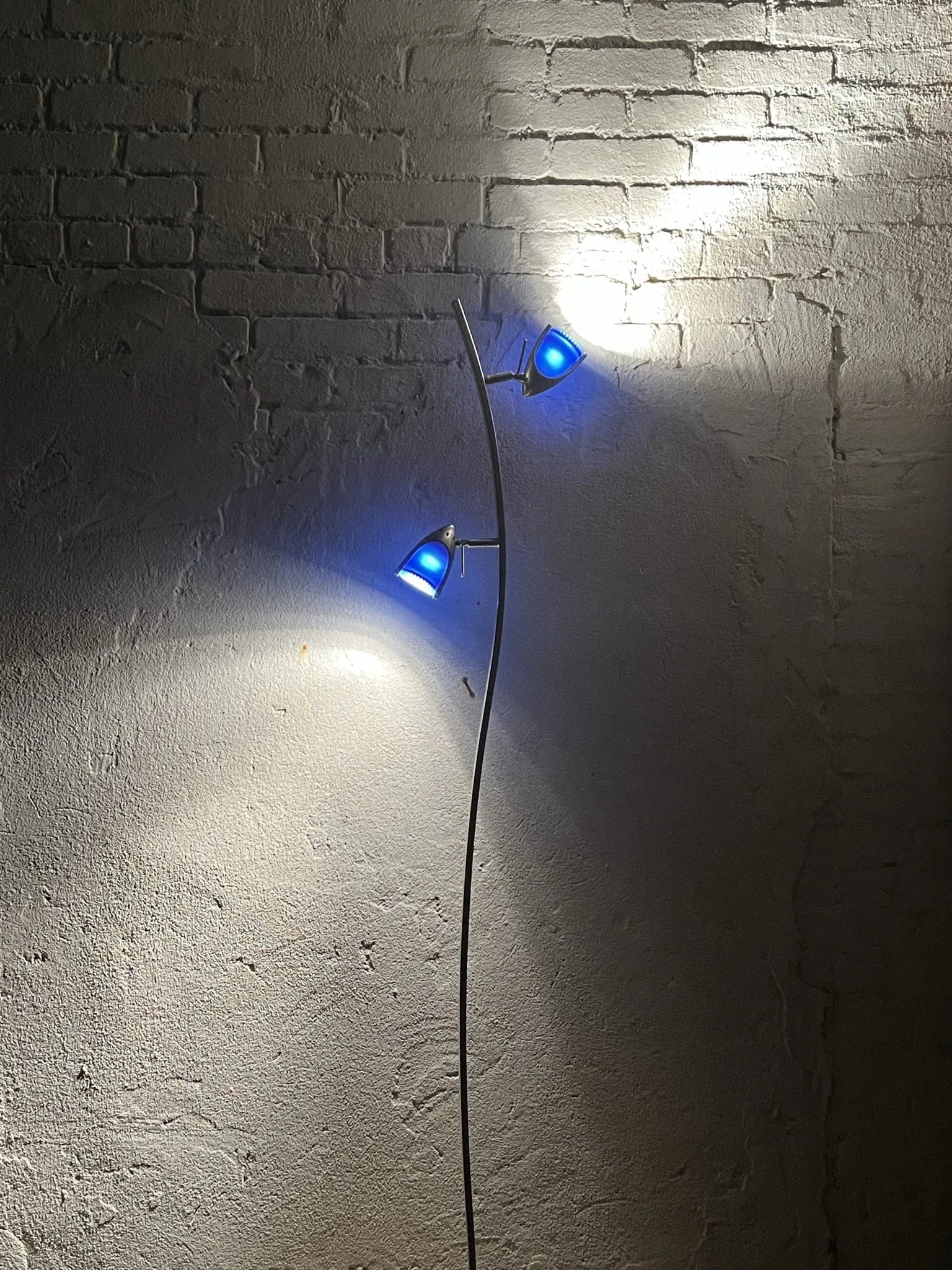 Slim Modern Vintage Tulip Floor Lamp, 1990's, Two Lights, Compact, New Old Stock, Blue (or Amber) Glass