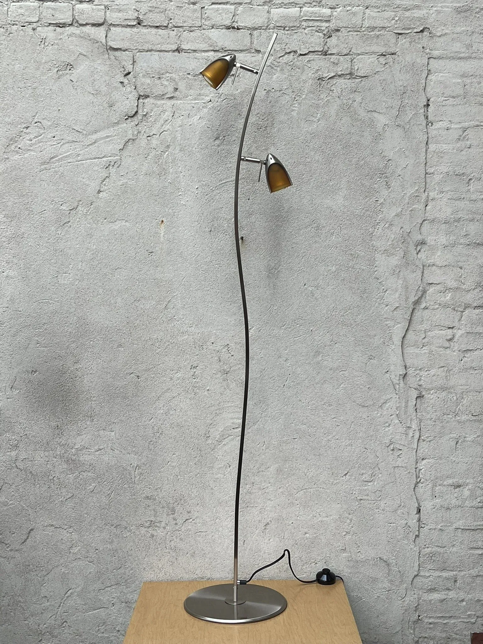 Slim Modern Vintage Tulip Floor Lamp, 1990's, Two Lights, Compact, New Old Stock, Blue (or Amber) Glass