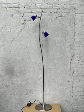 Slim Modern Vintage Tulip Floor Lamp, 1990's, Two Lights, Compact, New Old Stock, Blue (or Amber) Glass
