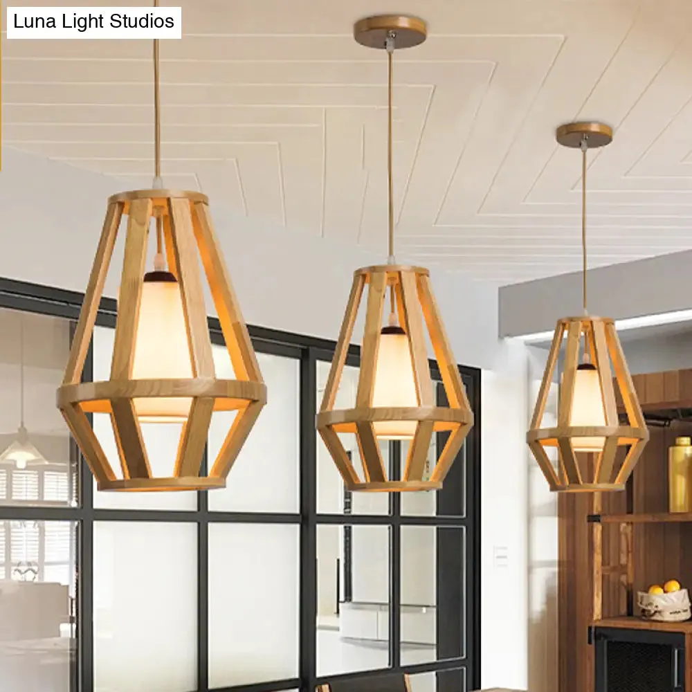 Stylish Asian Pendant Light with Wood Finish, Single Bulb, and White Cylinder Shade