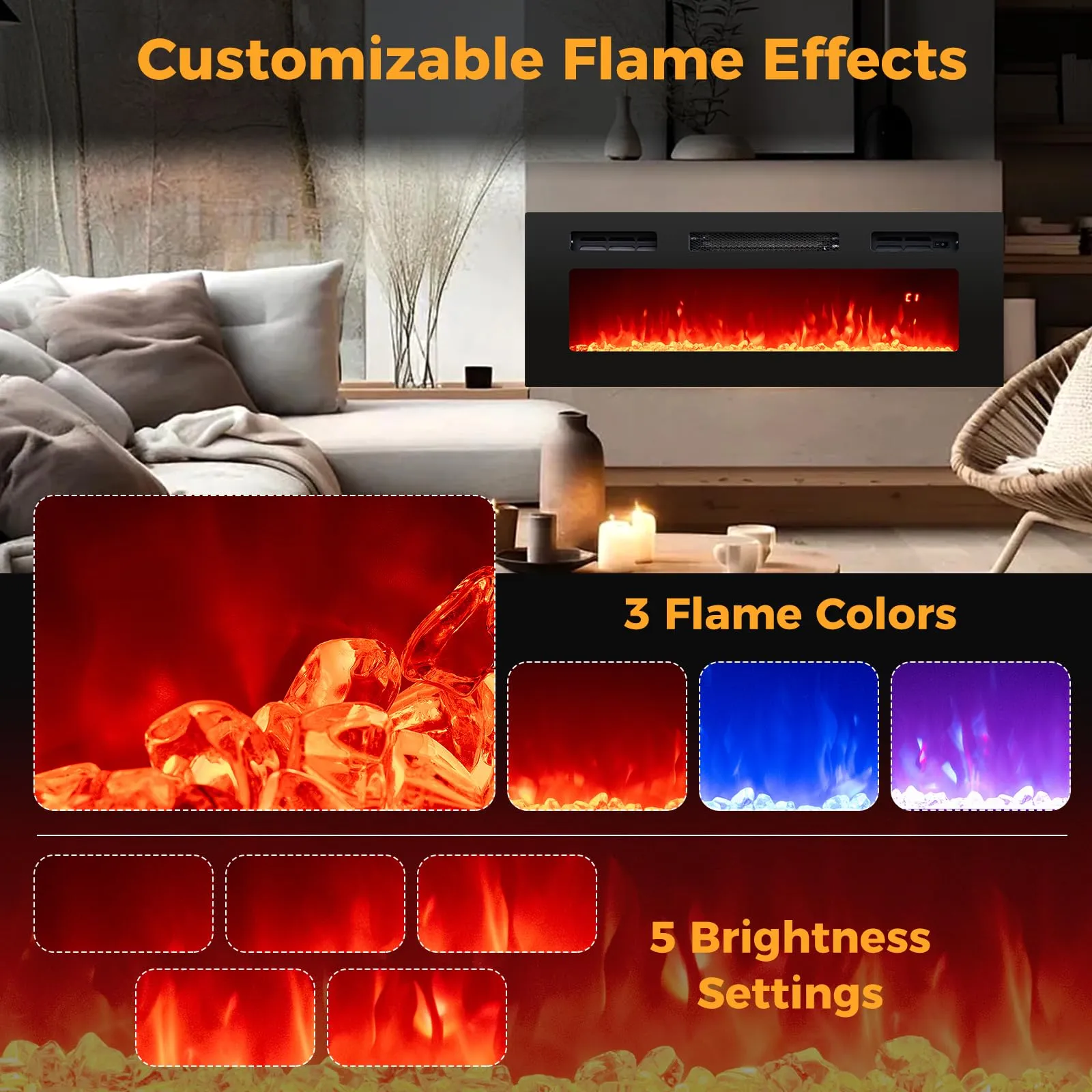Tangkula 36 Inches Electric Fireplace, 5,000 BTU Fireplace Insert with LED Light Strips, Remote