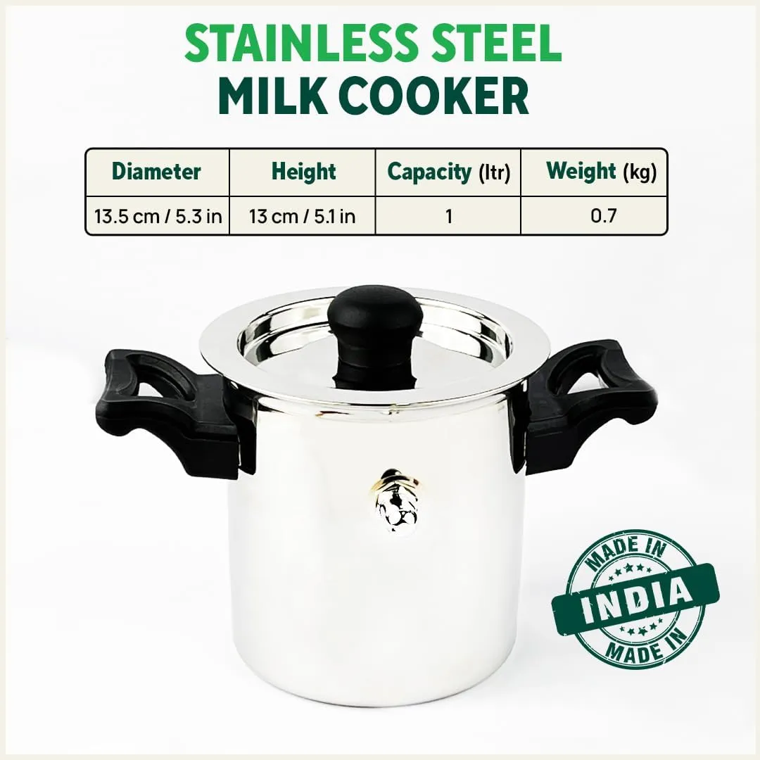 The Indus Valley Stainless Steel Milk Cooker/Boiler/Pot with Handle, Lid, Knob, Whistle | Small 13.5cm/5.3 inch, 1Ltr, 0.7kg | Induction Friendly | Nonstick, 100% Pure & Toxin-Free