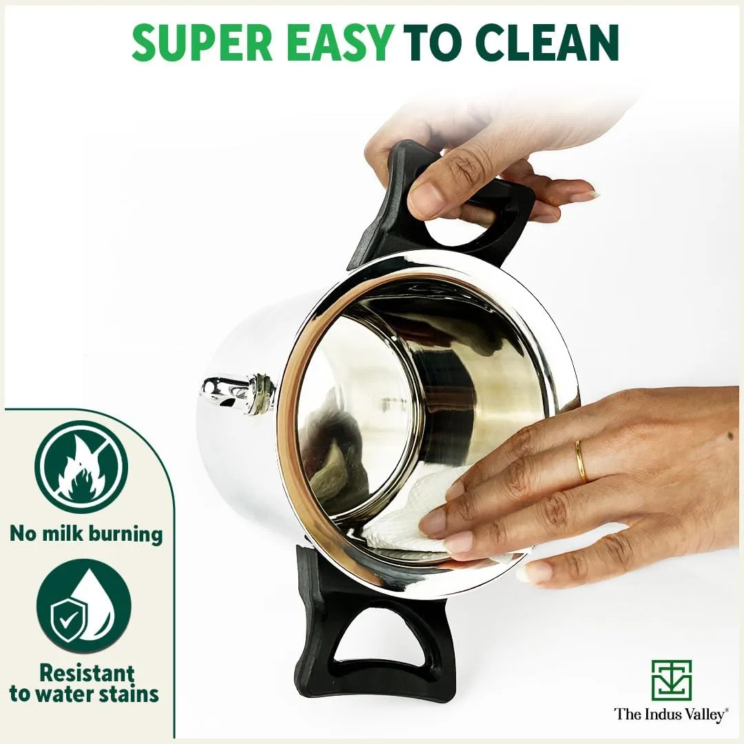 The Indus Valley Stainless Steel Milk Cooker/Boiler/Pot with Handle, Lid, Knob, Whistle | Small 13.5cm/5.3 inch, 1Ltr, 0.7kg | Induction Friendly | Nonstick, 100% Pure & Toxin-Free