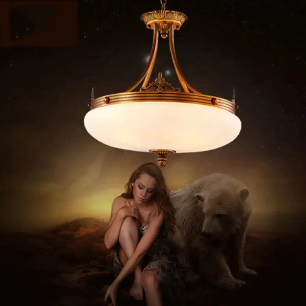 Traditional Brass Pendant Ceiling Light with White Glass Oval Shade - 4/5/6 Lights for Living Room