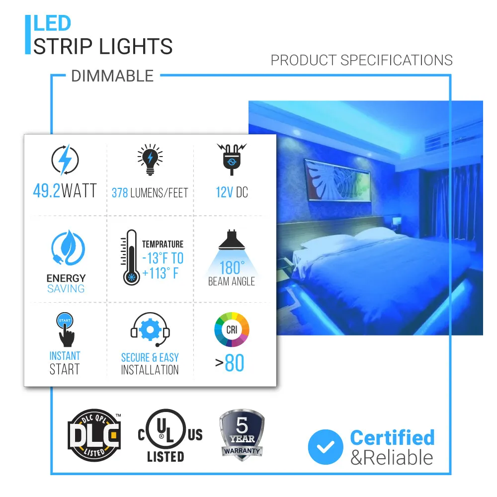 Tunable White LED Strip Lights, IP20, 16.4ft, Dimmable, 12V, SMD 2835, 120 leds/Meter, UL, RoHS Listed - 378 Lumens/ft with Power Supply and Controller (KIT)