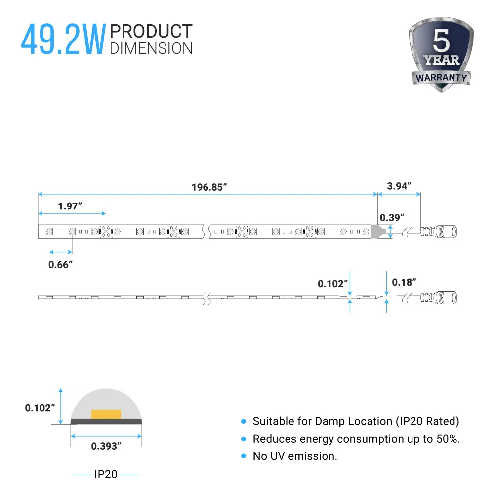 Tunable White LED Strip Lights, IP20, 16.4ft, Dimmable, 12V, SMD 2835, 120 leds/Meter, UL, RoHS Listed - 378 Lumens/ft with Power Supply and Controller (KIT)