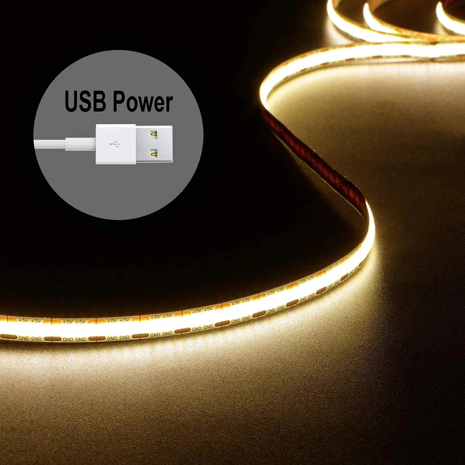 USB 5V LED Strip Lights Warm White 5ft, 480 LEDs COB Strip Light
