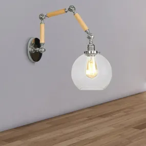 Vintage Silver Wall Lamp with Extendable Arm - Glass Orb Shade Sconce in Clear"