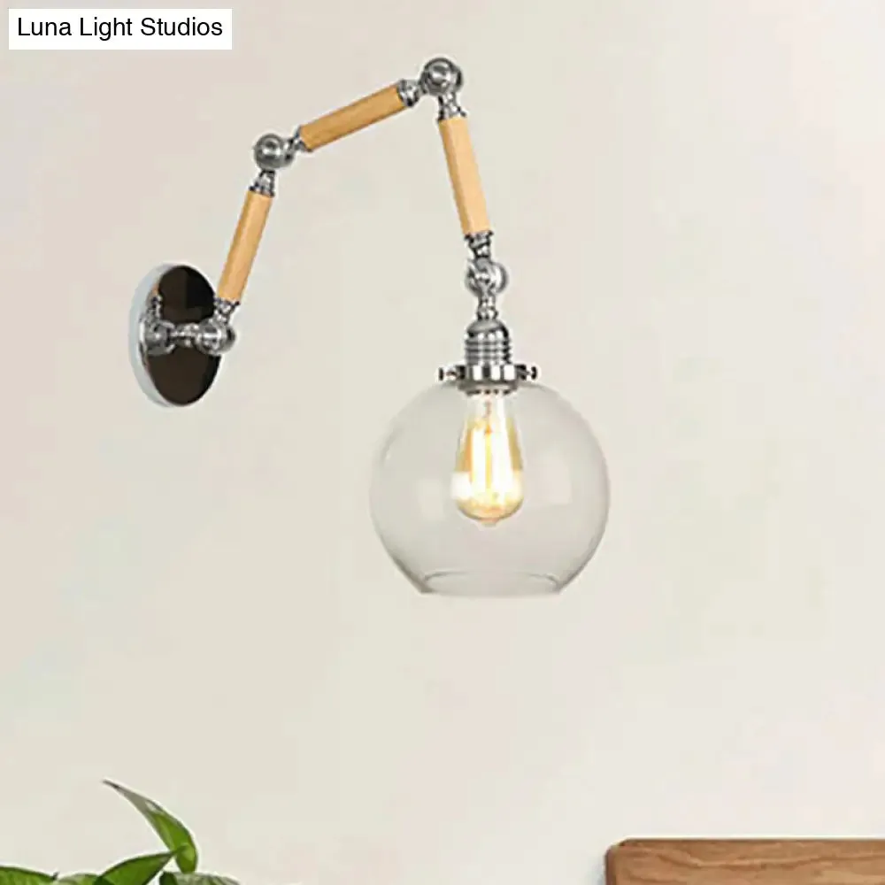 Vintage Silver Wall Lamp with Extendable Arm - Glass Orb Shade Sconce in Clear"