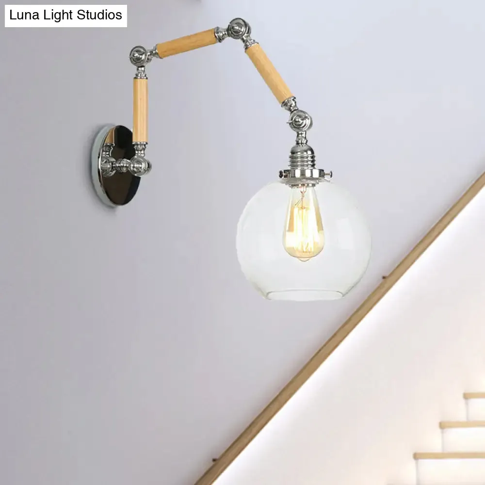 Vintage Silver Wall Lamp with Extendable Arm - Glass Orb Shade Sconce in Clear"