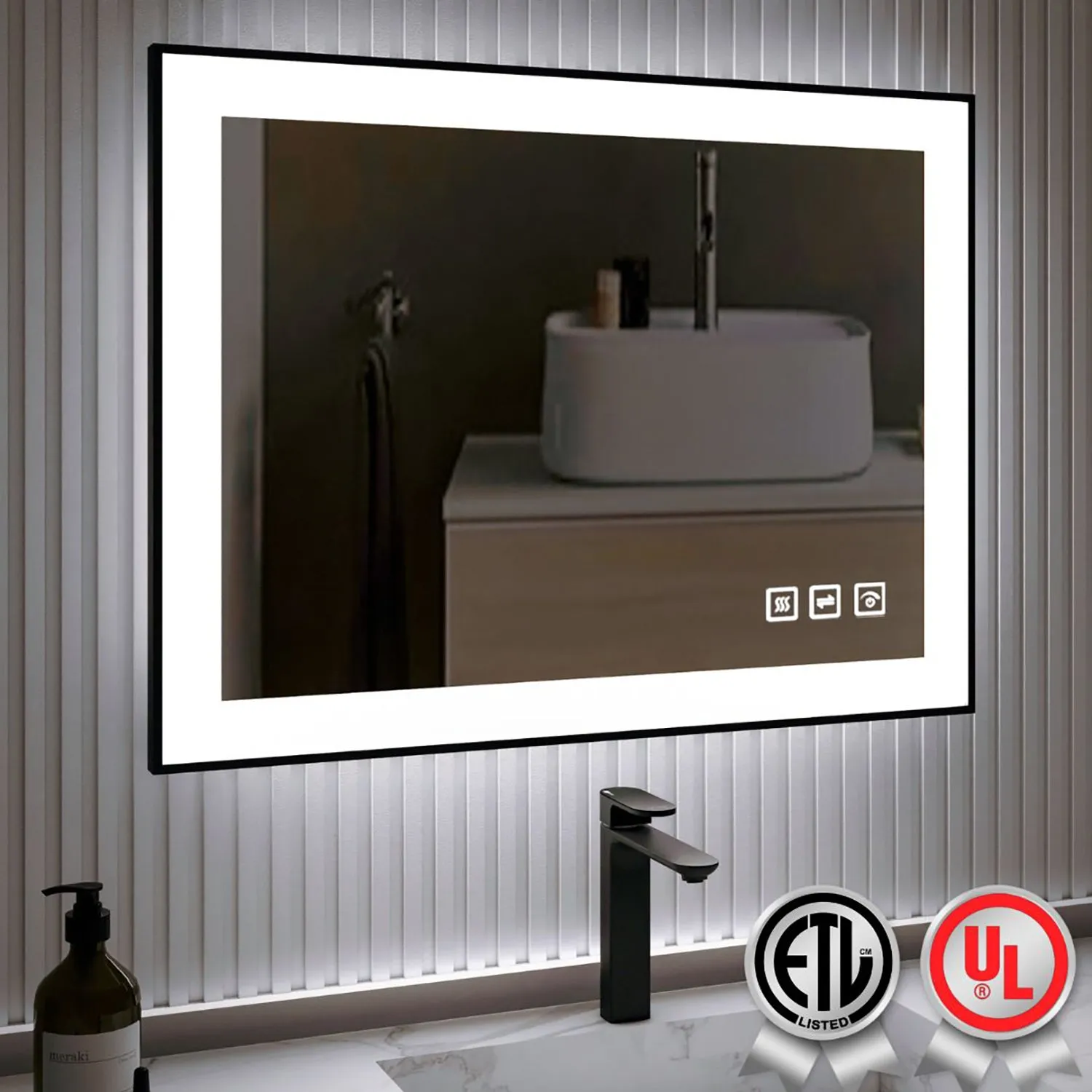 Waterpar® 32 in. W x 24 in. H Rectangular Framed Anti-Fog LED Wall Bathroom Vanity Mirror in Black with Backlit and Front Light