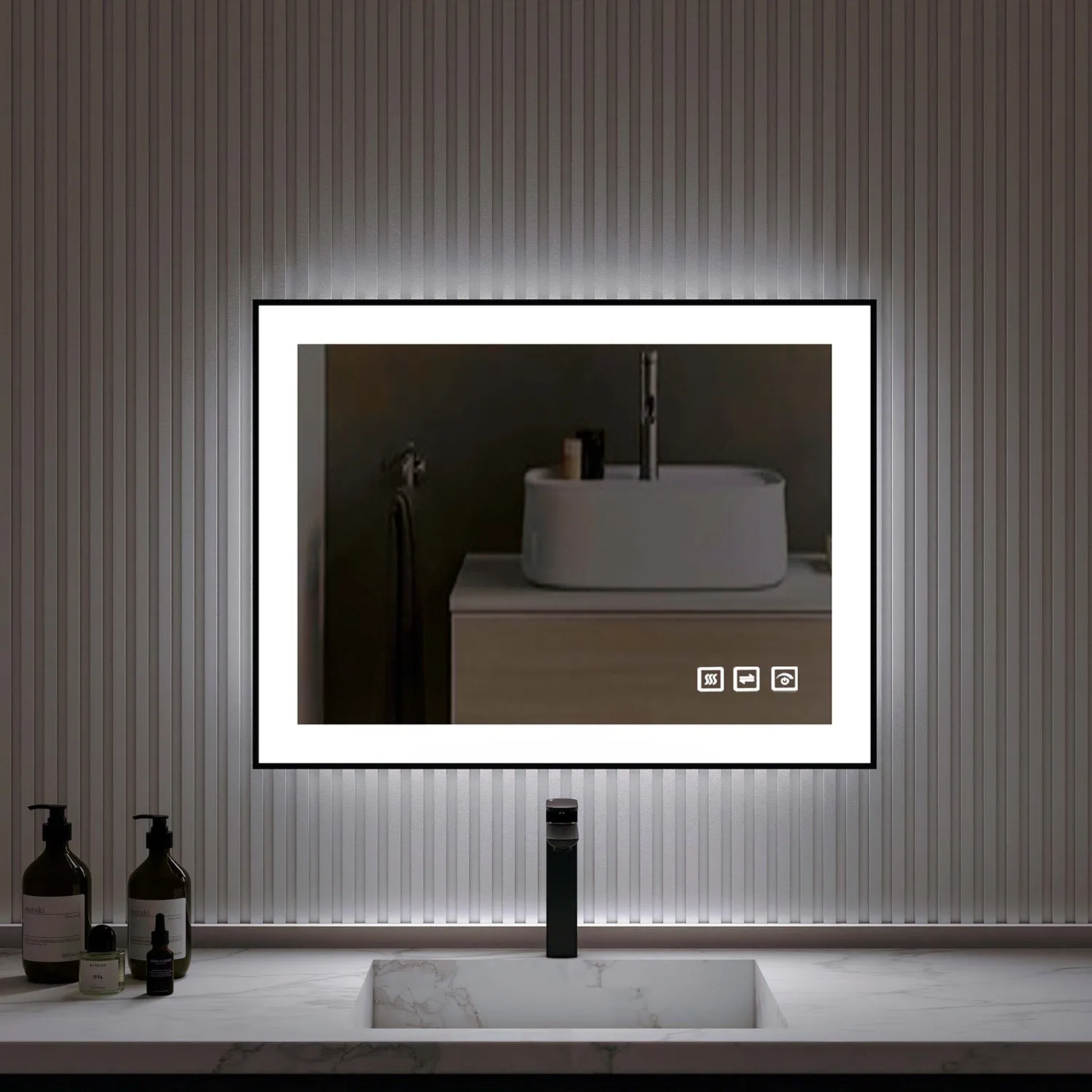 Waterpar® 32 in. W x 24 in. H Rectangular Framed Anti-Fog LED Wall Bathroom Vanity Mirror in Black with Backlit and Front Light