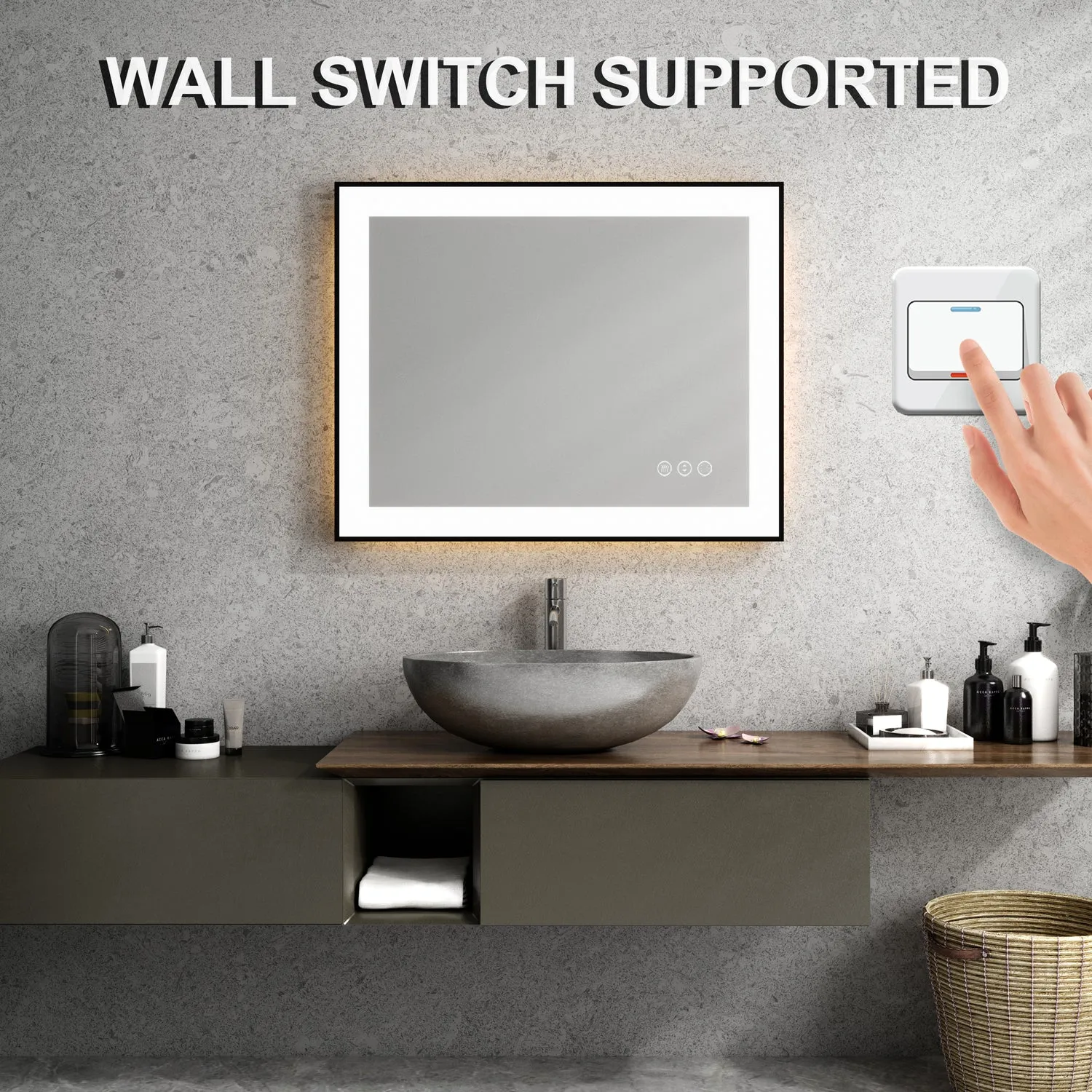 Waterpar® 36 in. W x 24 in. H Rectangular Framed Anti-Fog LED Wall Bathroom Vanity Mirror in Black with Backlit and Front Light