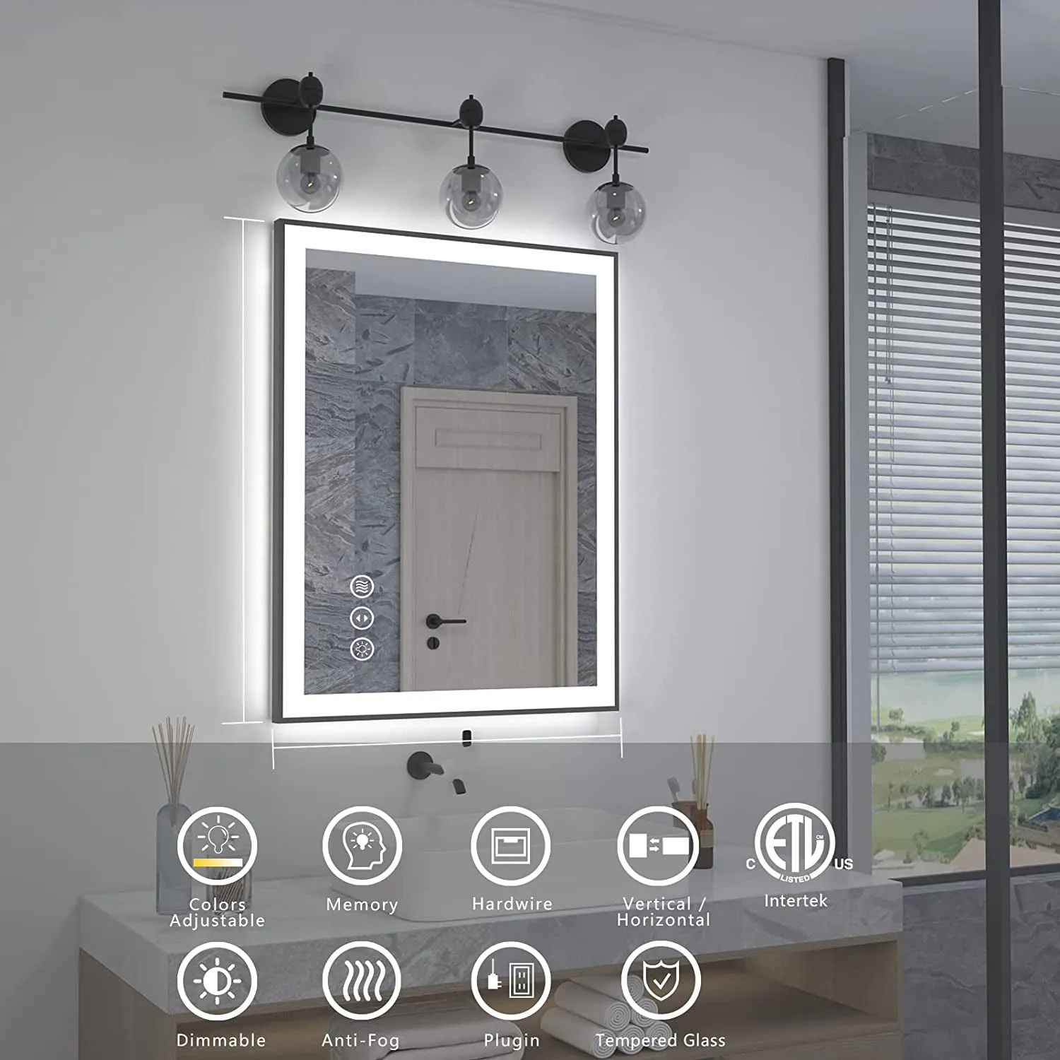 Waterpar® 36 in. W x 24 in. H Rectangular Framed Anti-Fog LED Wall Bathroom Vanity Mirror in Black with Backlit and Front Light
