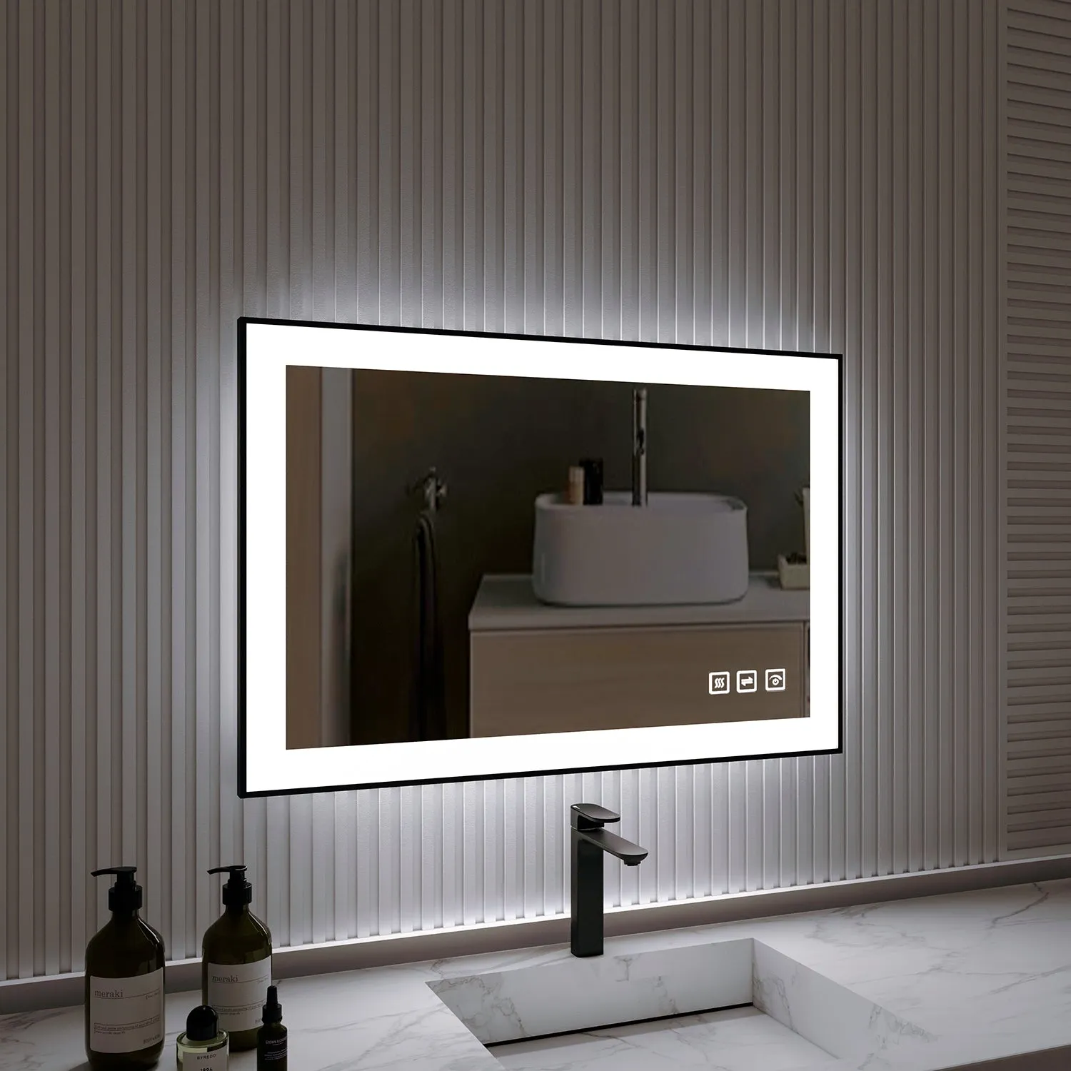 Waterpar® 36 in. W x 24 in. H Rectangular Framed Anti-Fog LED Wall Bathroom Vanity Mirror in Black with Backlit and Front Light