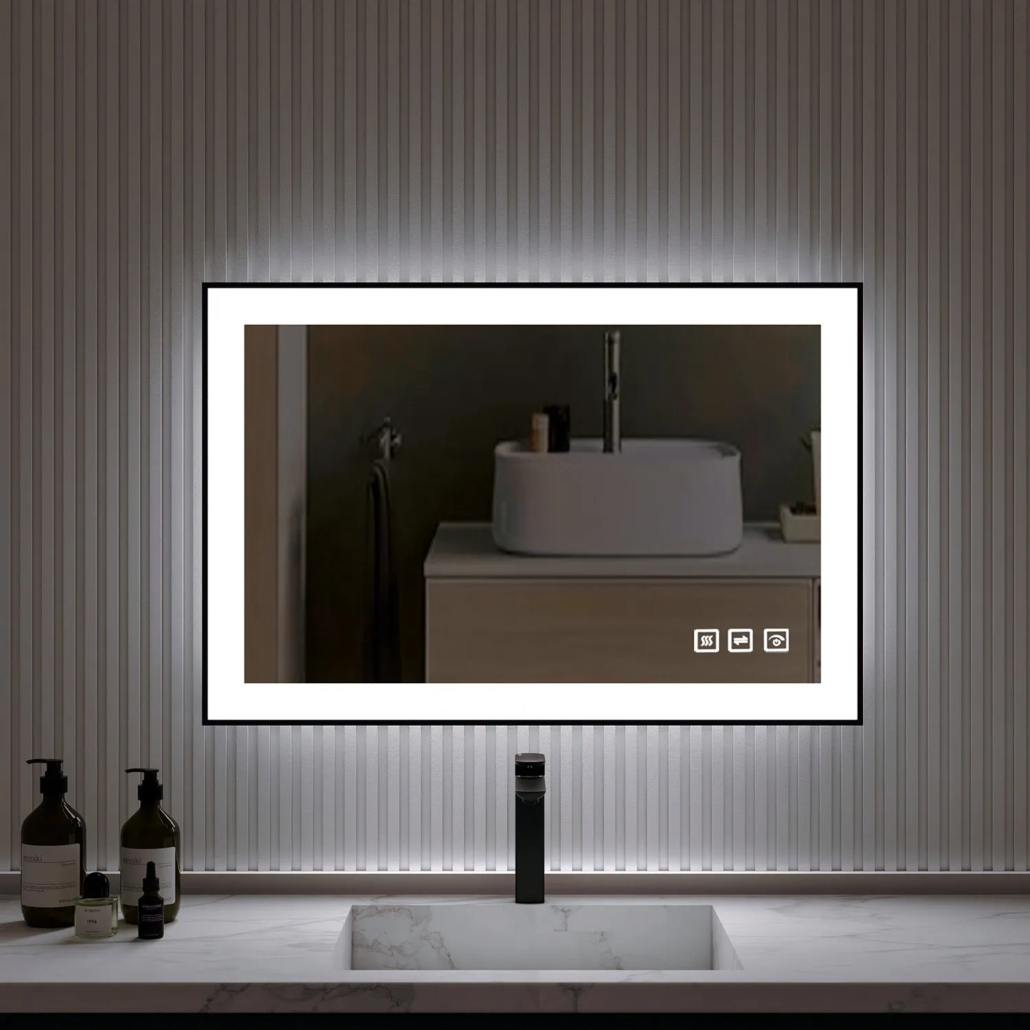 Waterpar® 36 in. W x 28 in. H Rectangular Framed Anti-Fog LED Wall Bathroom Vanity Mirror in Black with Backlit and Front Light