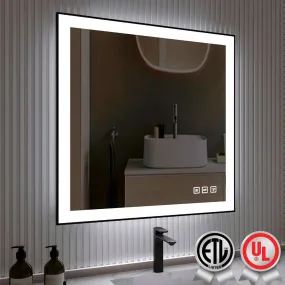 Waterpar® 36 in. W x 36 in. H Rectangular Framed Anti-Fog LED Wall Bathroom Vanity Mirror in Black with Backlit and Front Light