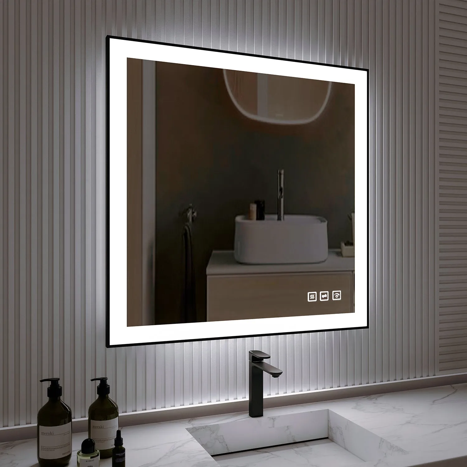 Waterpar® 36 in. W x 36 in. H Rectangular Framed Anti-Fog LED Wall Bathroom Vanity Mirror in Black with Backlit and Front Light