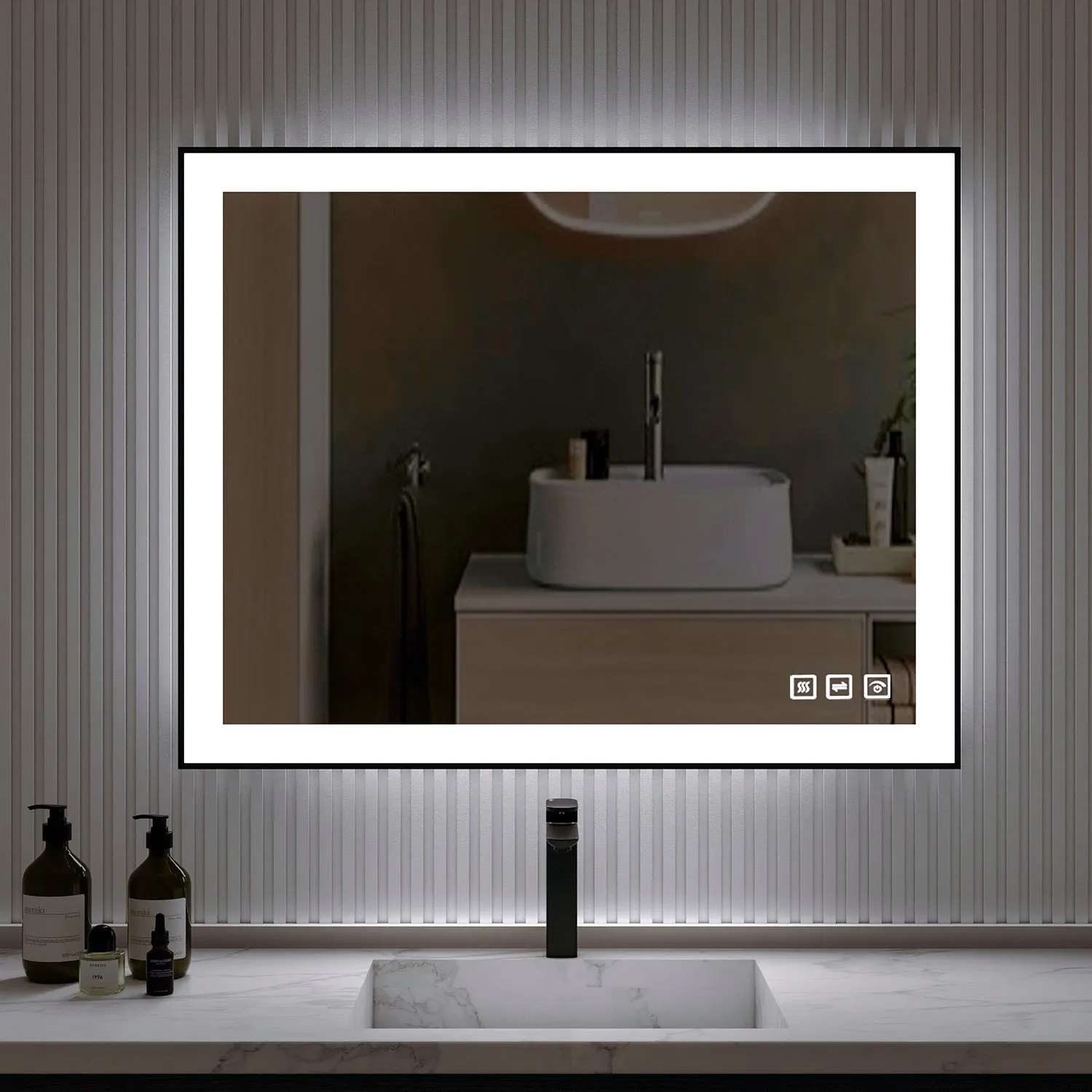 Waterpar® 40 in. W x 32 in. H Rectangular Framed Anti-Fog LED Wall Bathroom Vanity Mirror in Black with Backlit and Front Light