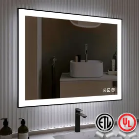 Waterpar® 40 in. W x 32 in. H Rectangular Framed Anti-Fog LED Wall Bathroom Vanity Mirror in Black with Backlit and Front Light