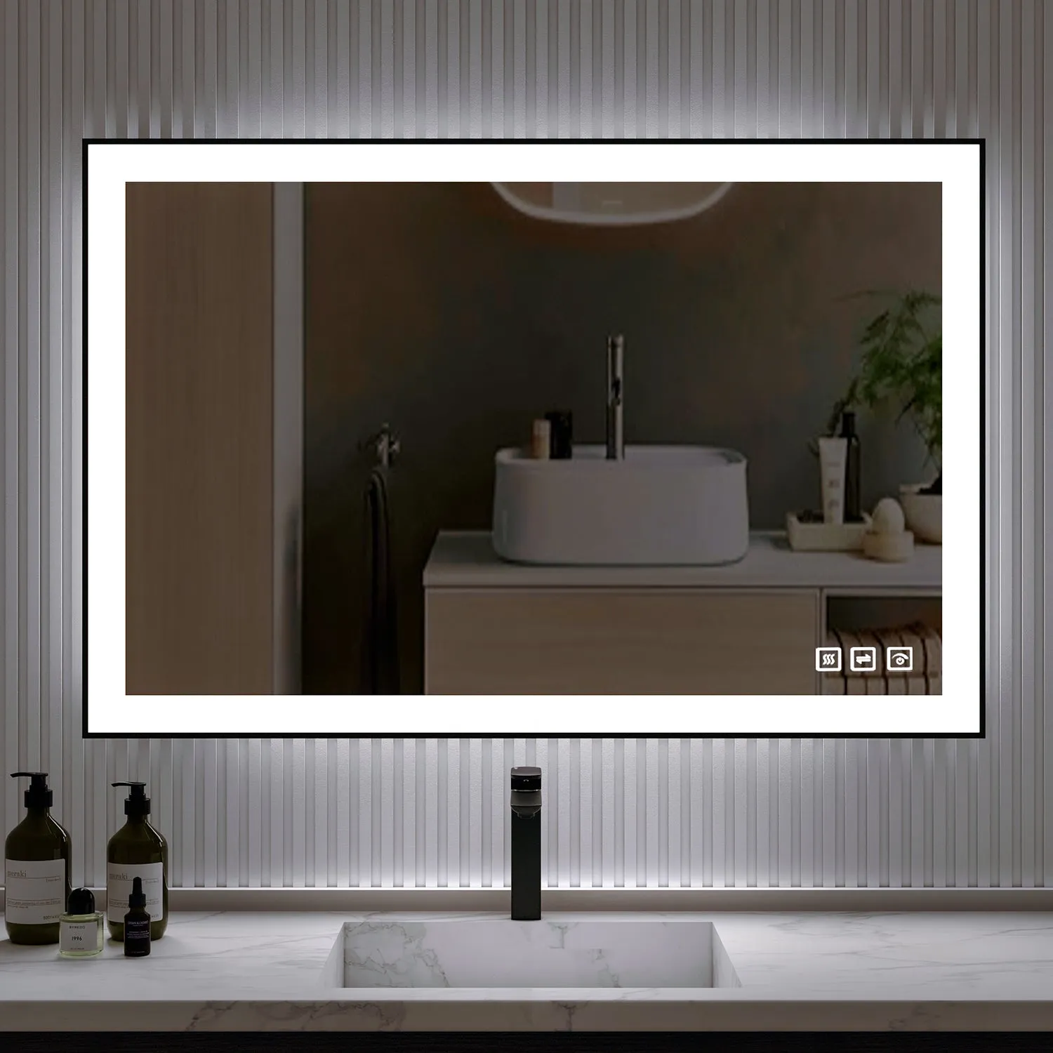 Waterpar® 48 in. W x 32 in. H Rectangular Framed Anti-Fog LED Wall Bathroom Vanity Mirror in Black with Backlit and Front Light