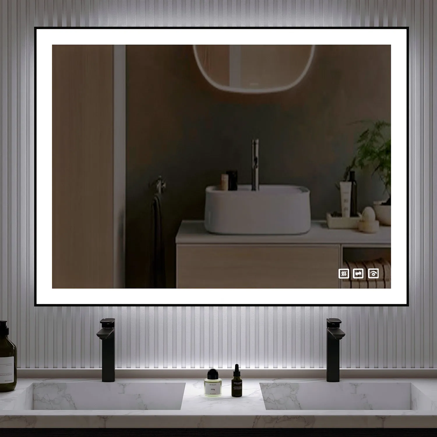 Waterpar® 48 in. W x 36 in. H Rectangular Framed Anti-Fog LED Wall Bathroom Vanity Mirror in Black with Backlit and Front Light