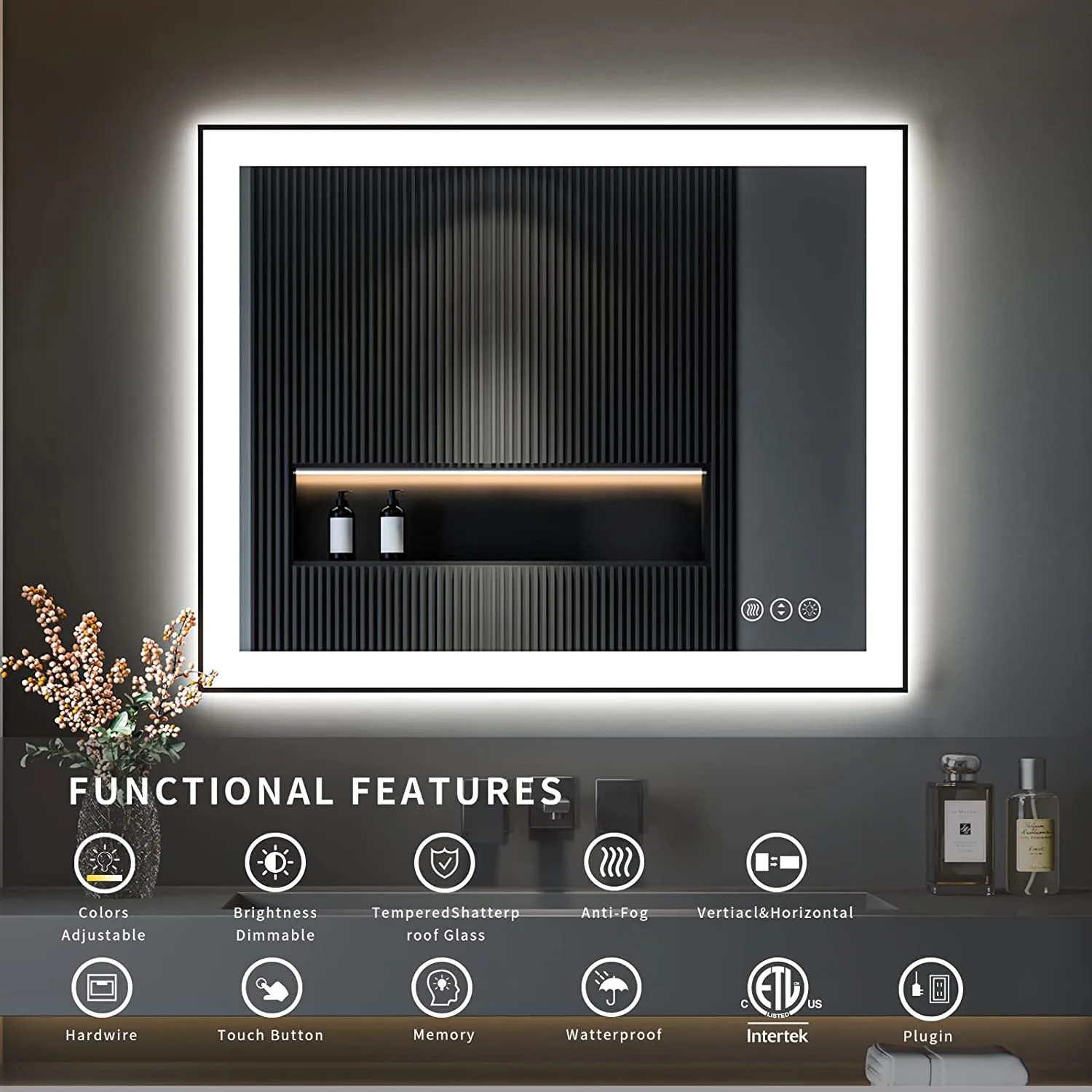 Waterpar® 48 in. W x 36 in. H Rectangular Framed Anti-Fog LED Wall Bathroom Vanity Mirror in Black with Backlit and Front Light