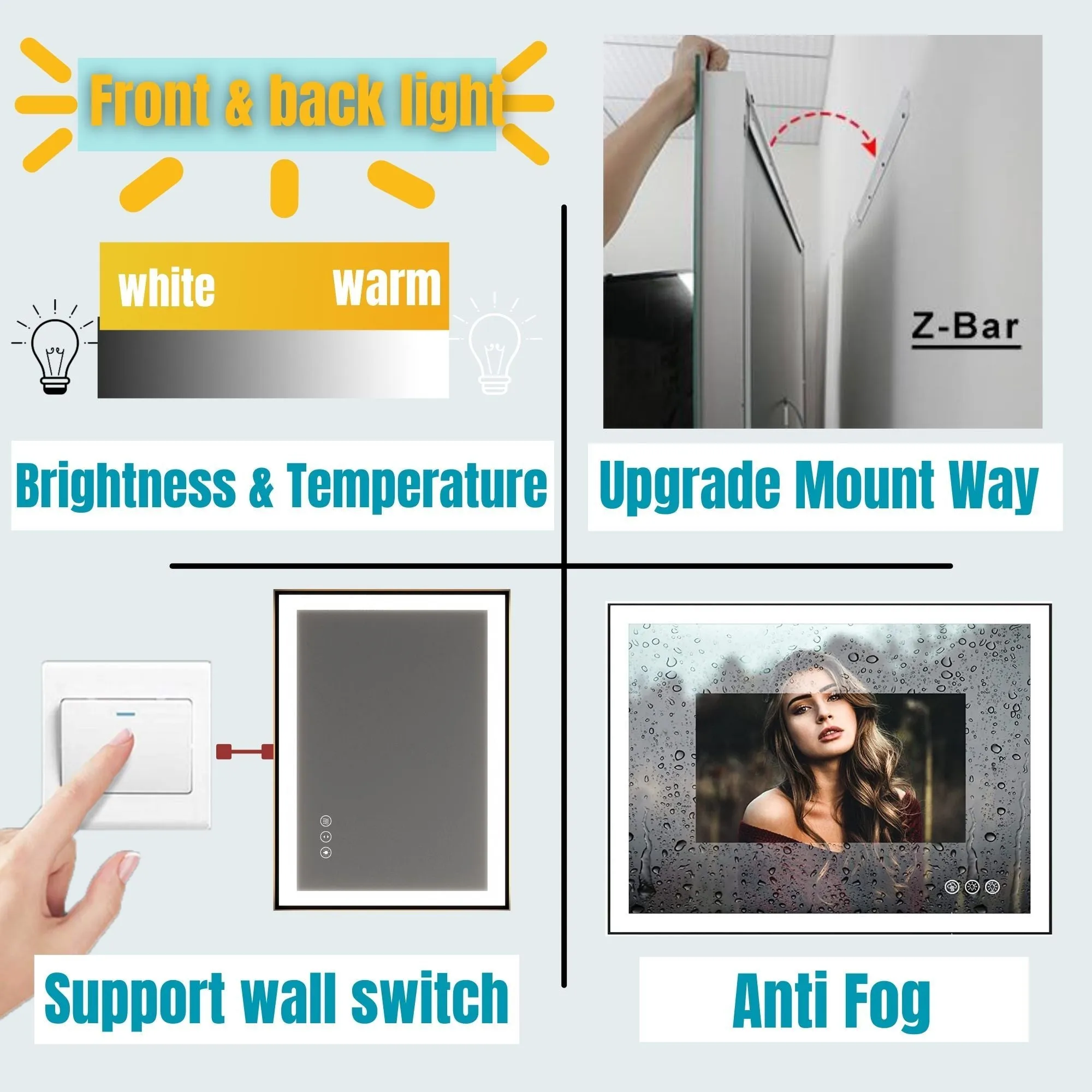 Waterpar® 55 in. W x 30 in. H Rectangular Framed Anti-Fog LED Wall Bathroom Vanity Mirror in Black with Backlit and Front Light
