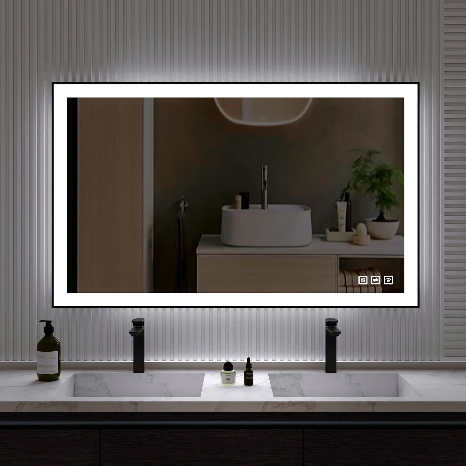 Waterpar® 55 in. W x 30 in. H Rectangular Framed Anti-Fog LED Wall Bathroom Vanity Mirror in Black with Backlit and Front Light