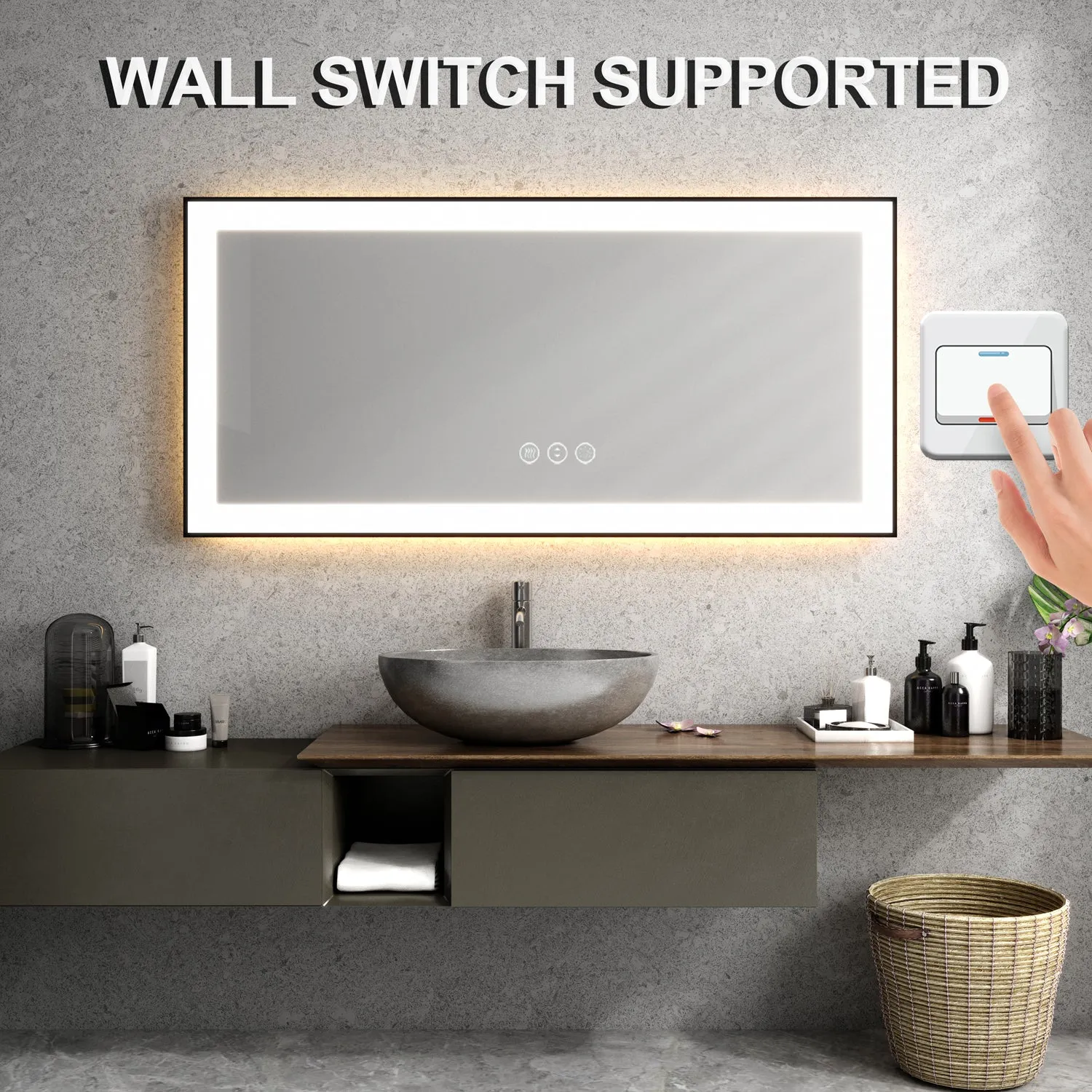 Waterpar® 55 in. W x 30 in. H Rectangular Framed Anti-Fog LED Wall Bathroom Vanity Mirror in Black with Backlit and Front Light