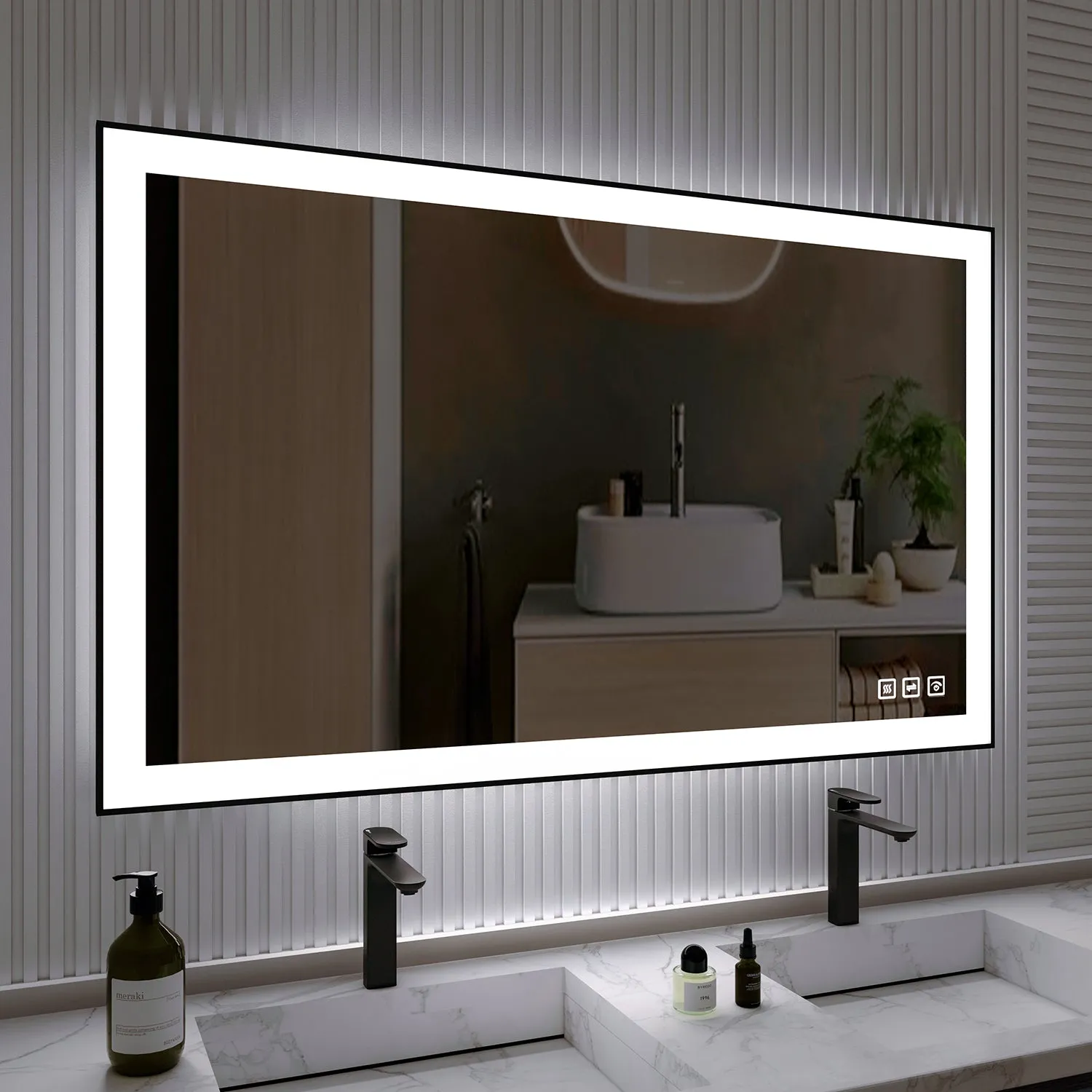 Waterpar® 55 in. W x 30 in. H Rectangular Framed Anti-Fog LED Wall Bathroom Vanity Mirror in Black with Backlit and Front Light