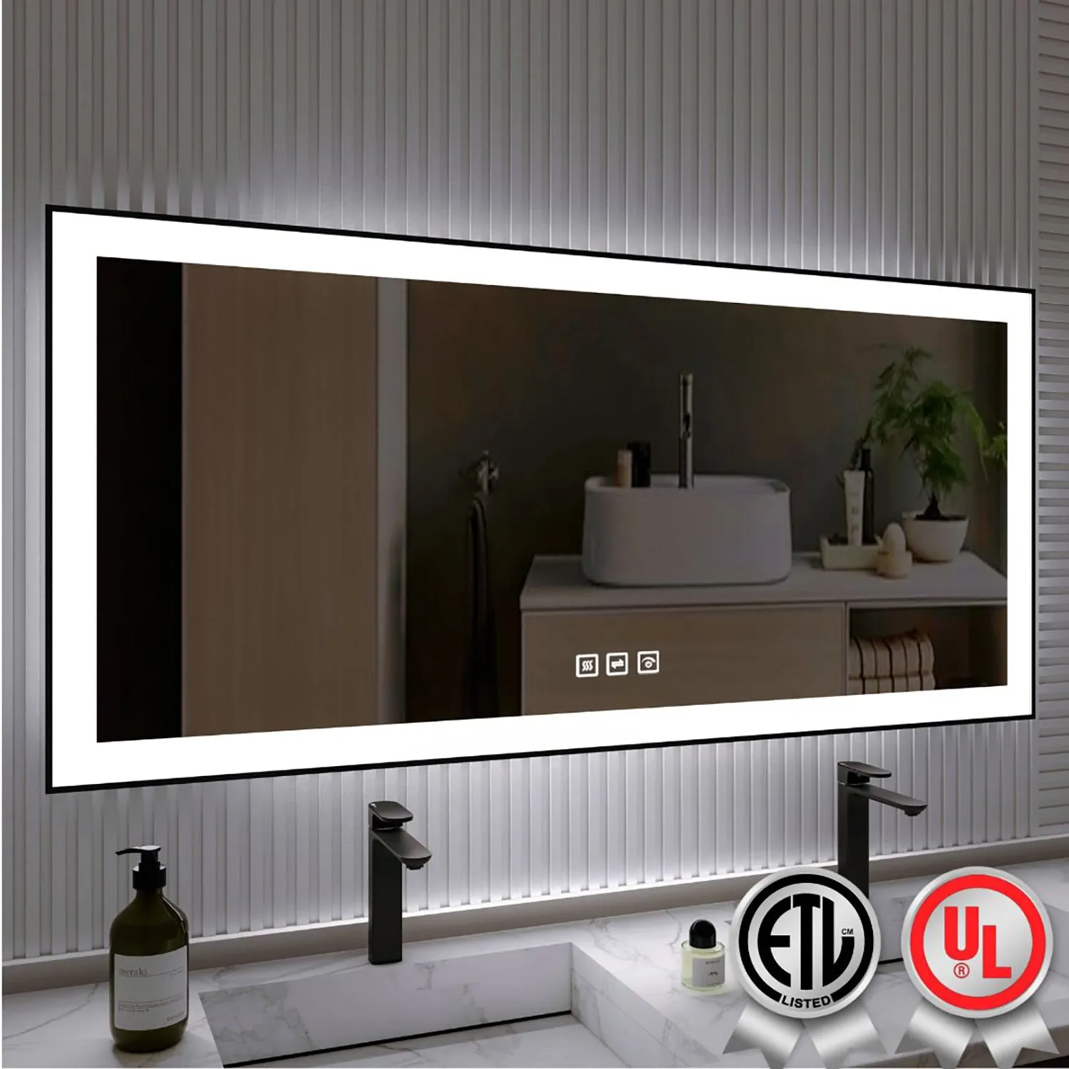 Waterpar® 60 in. W x 28 in. H Rectangular Framed Anti-Fog LED Wall Bathroom Vanity Mirror in Black with Backlit and Front Light