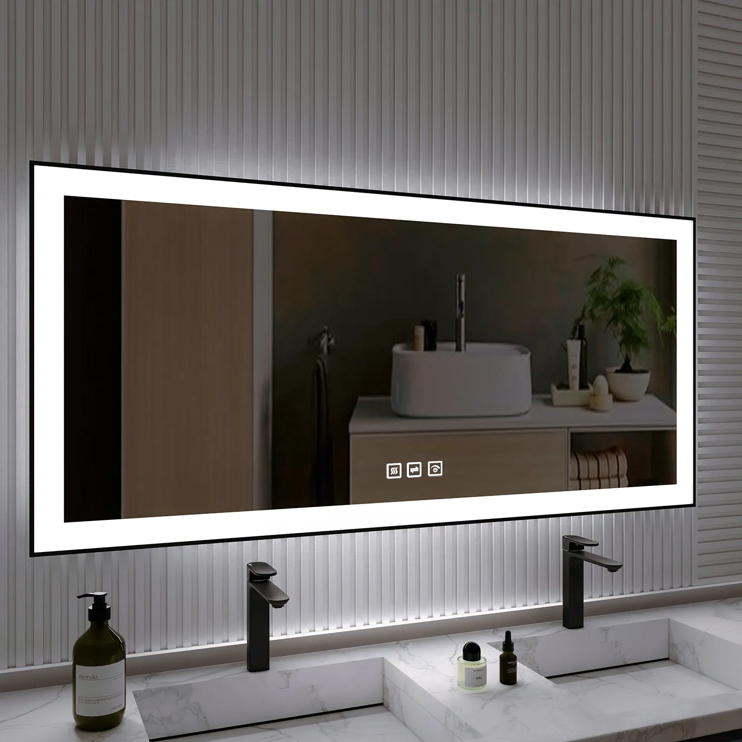 Waterpar® 60 in. W x 28 in. H Rectangular Framed Anti-Fog LED Wall Bathroom Vanity Mirror in Black with Backlit and Front Light
