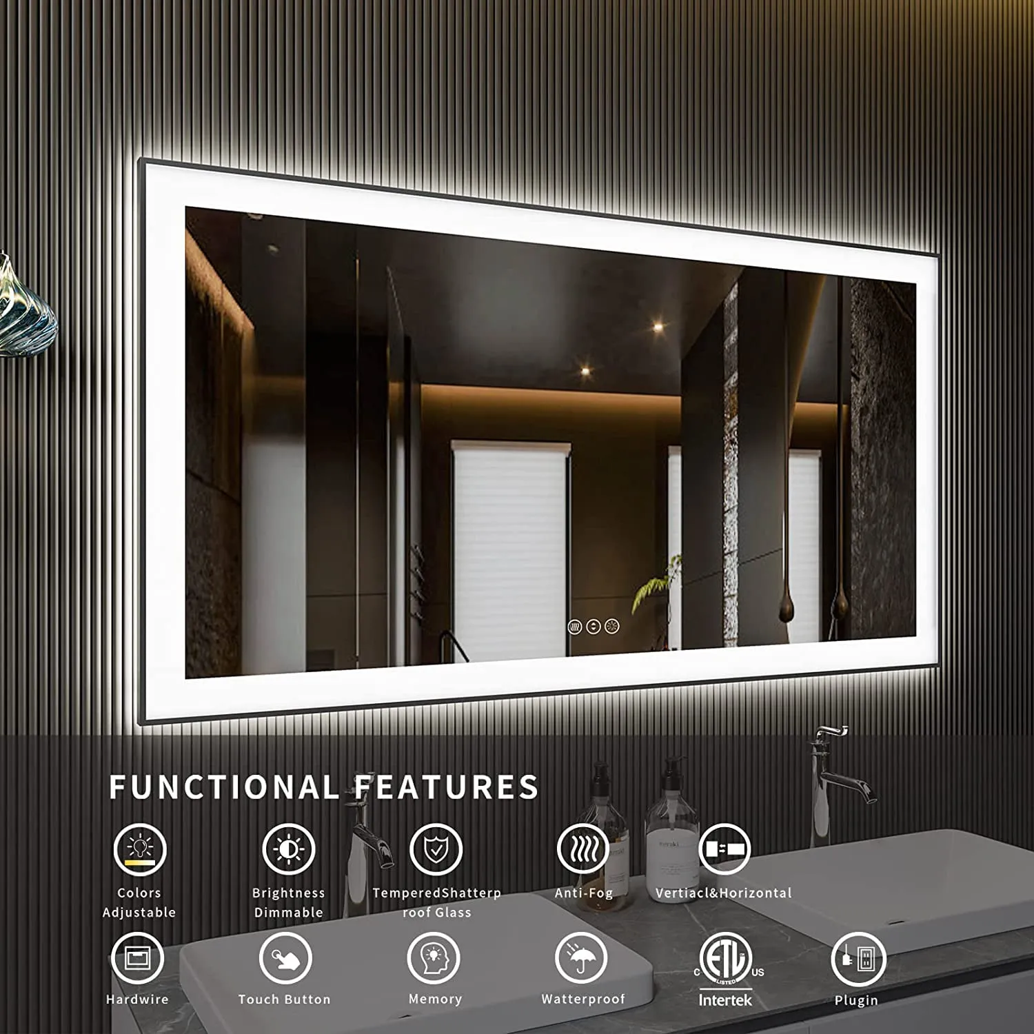 Waterpar® 60 in. W x 28 in. H Rectangular Framed Anti-Fog LED Wall Bathroom Vanity Mirror in Black with Backlit and Front Light