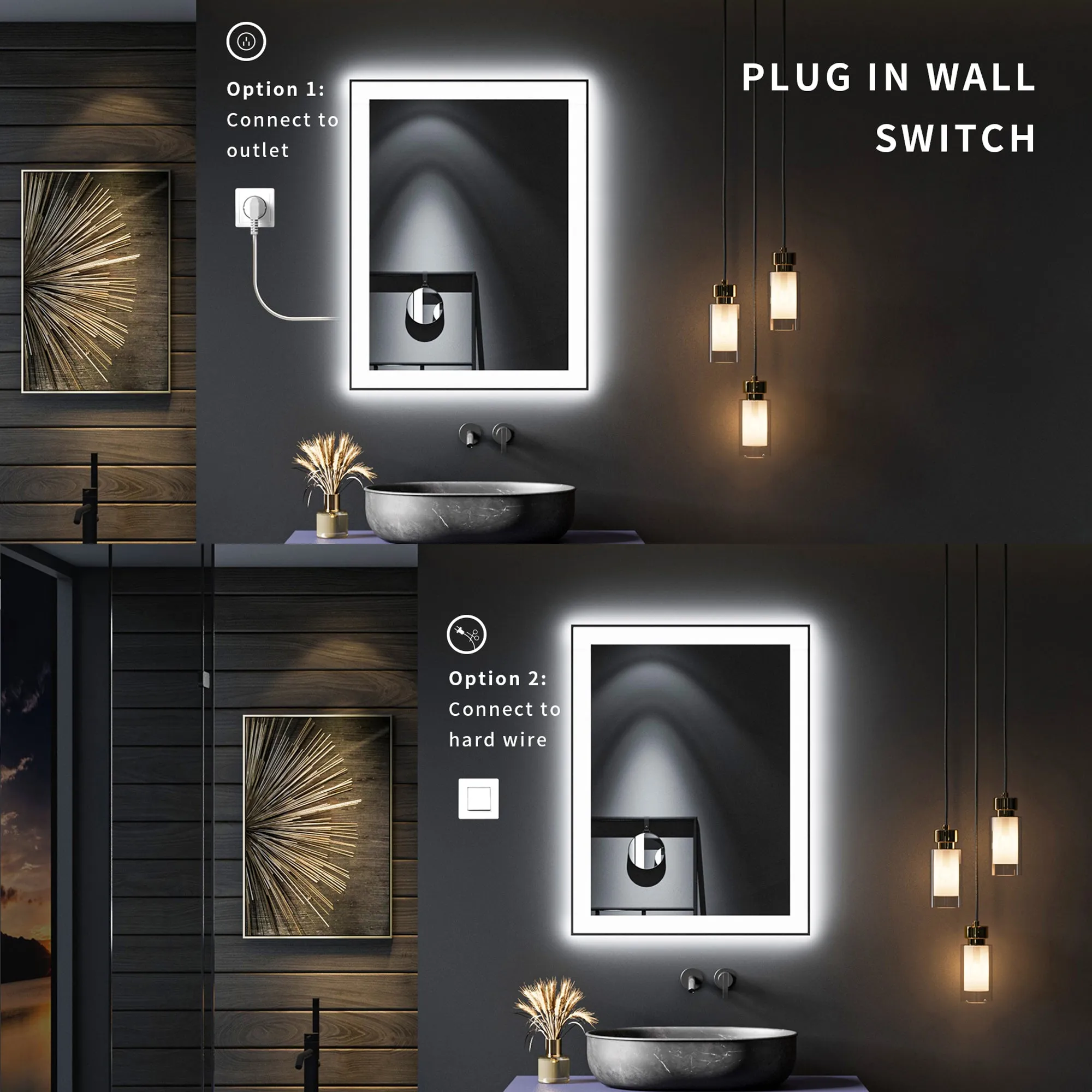 Waterpar® 60 in. W x 36 in. H Rectangular Framed Anti-Fog LED Wall Bathroom Vanity Mirror in Black with Backlit and Front Light