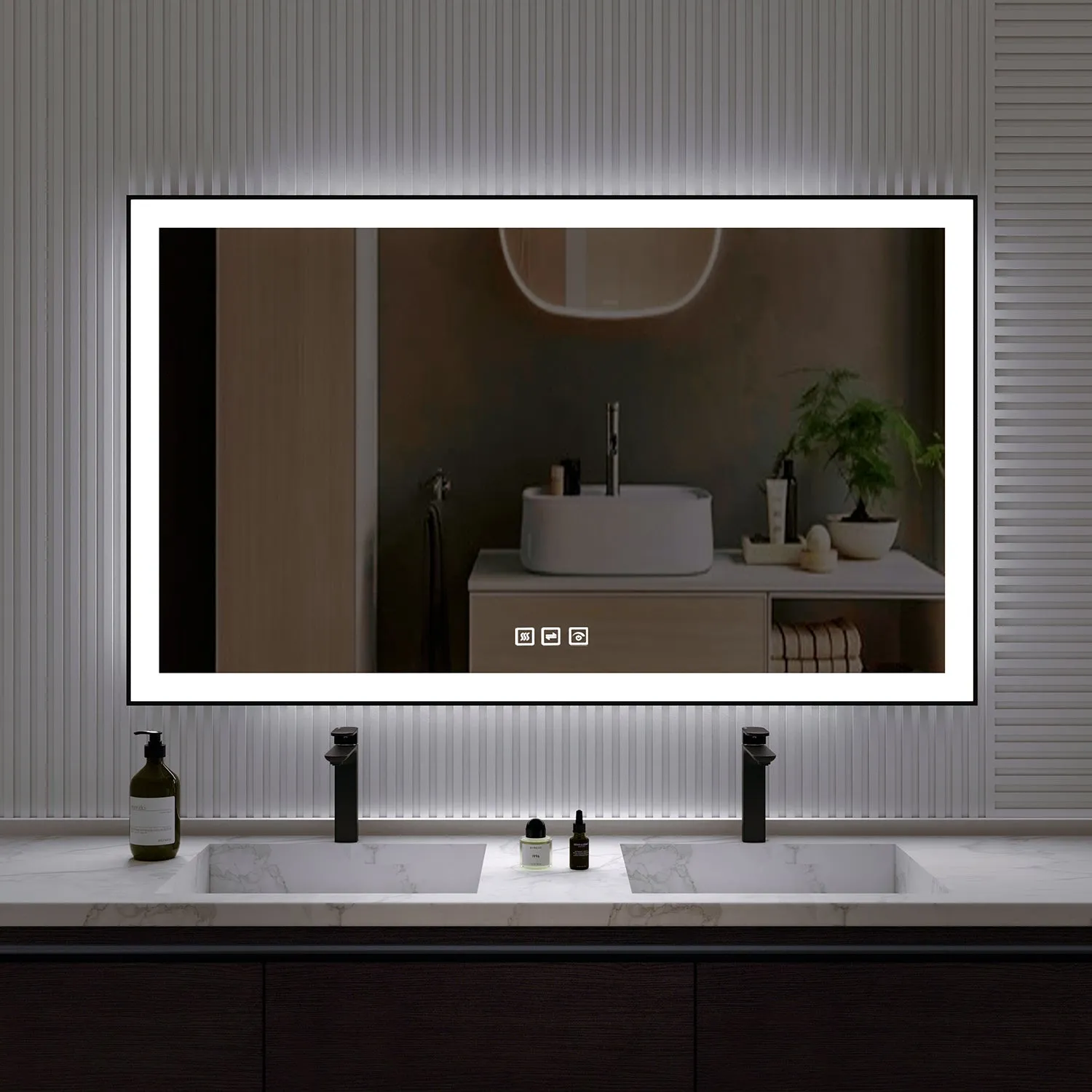 Waterpar® 60 in. W x 36 in. H Rectangular Framed Anti-Fog LED Wall Bathroom Vanity Mirror in Black with Backlit and Front Light