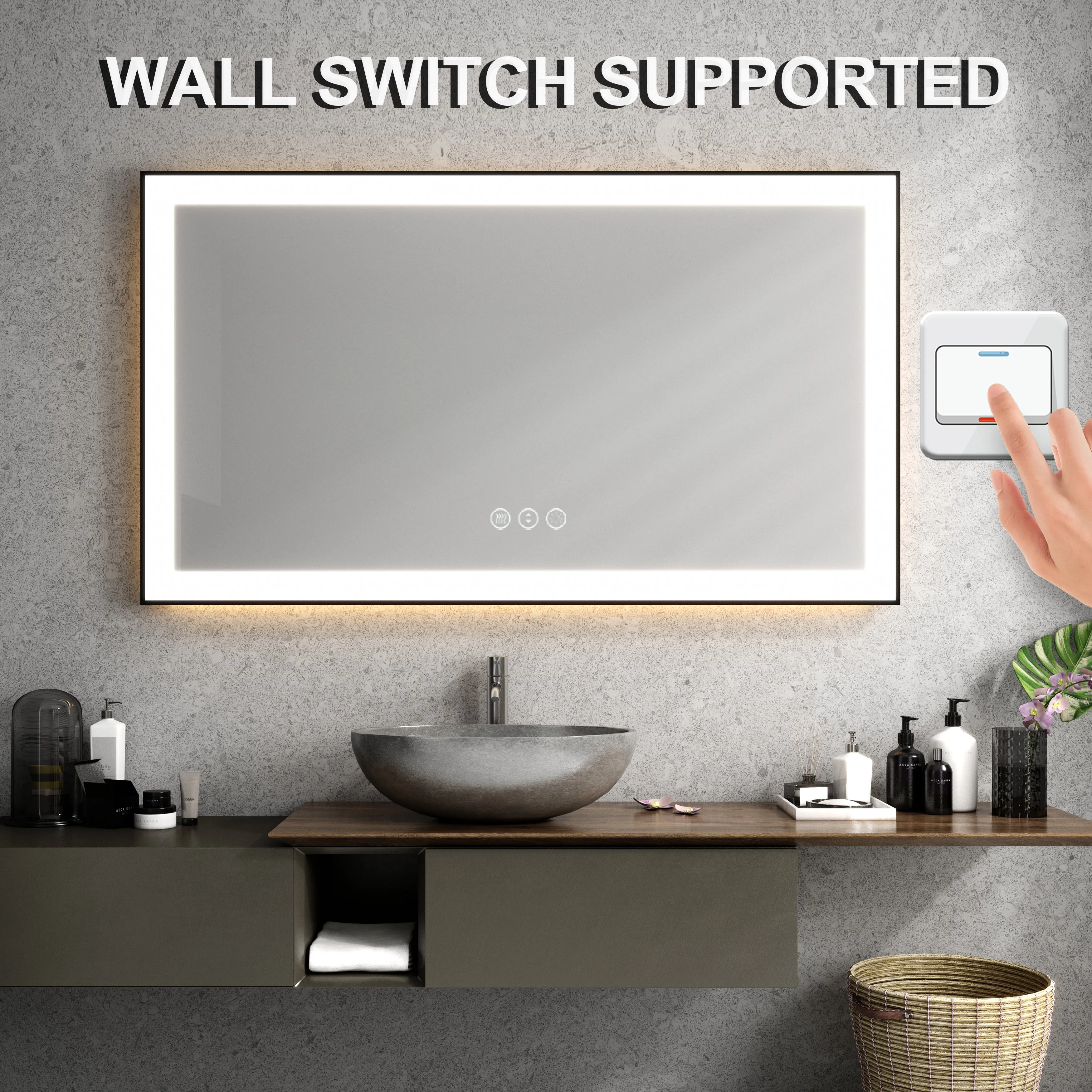 Waterpar® 72 in. W x 32 in. H Rectangular Framed Anti-Fog LED Wall Bathroom Vanity Mirror in Black with Backlit and Front Light