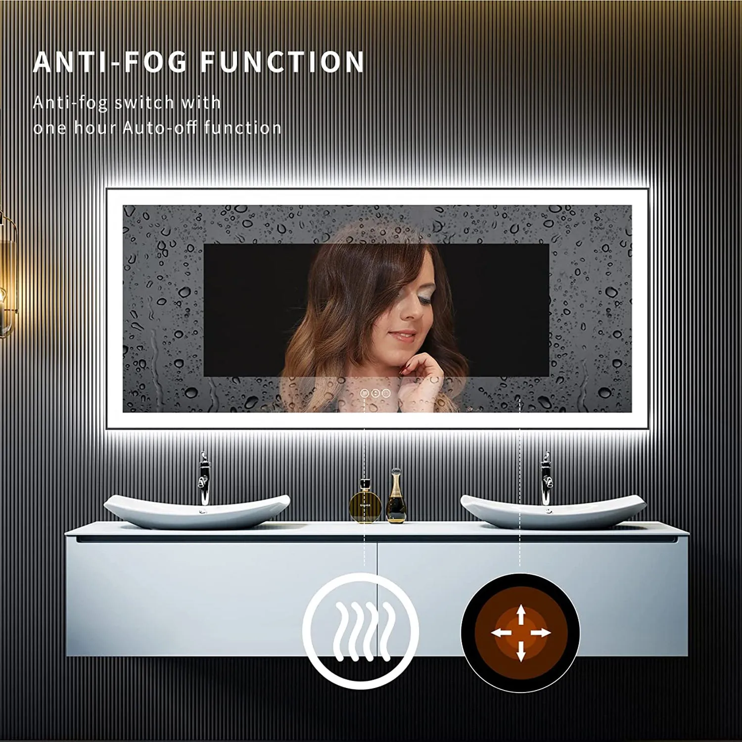 Waterpar® 72 in. W x 32 in. H Rectangular Framed Anti-Fog LED Wall Bathroom Vanity Mirror in Black with Backlit and Front Light