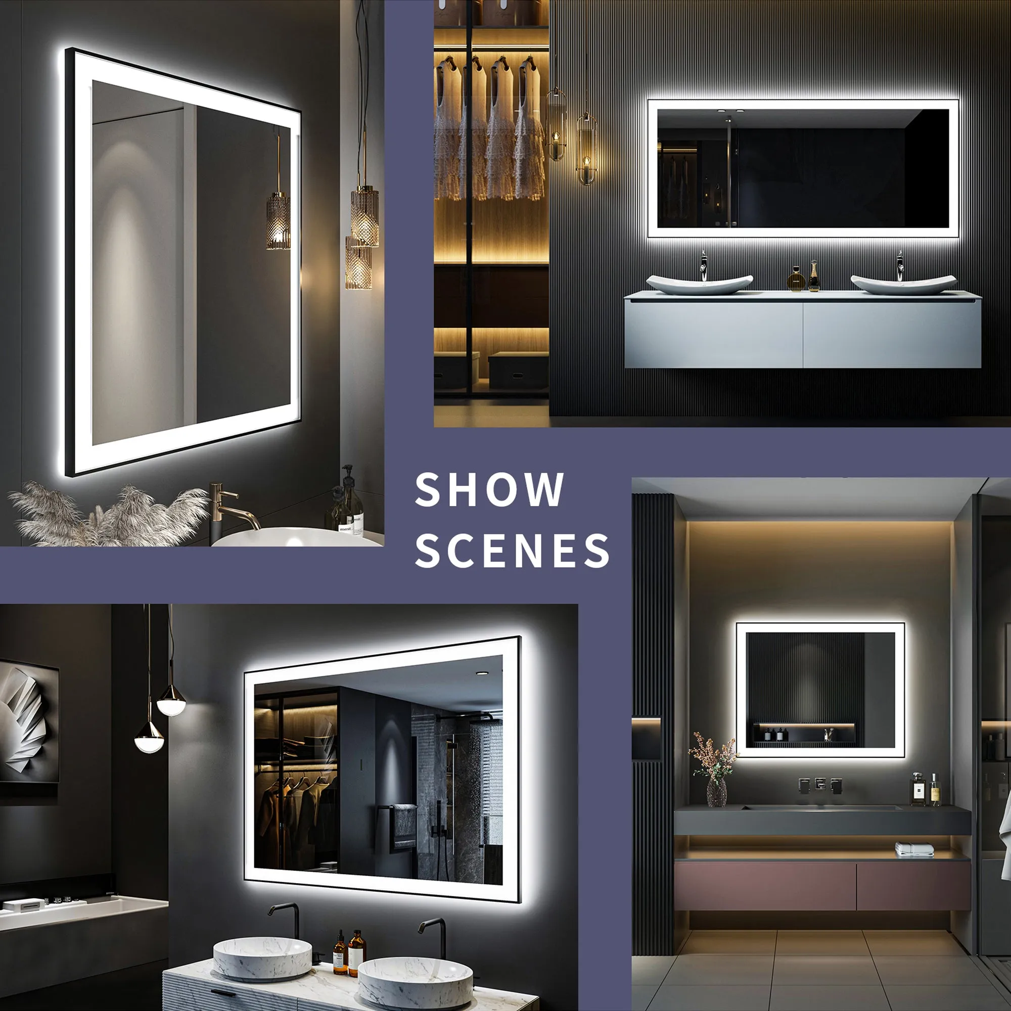 Waterpar® 72 in. W x 32 in. H Rectangular Framed Anti-Fog LED Wall Bathroom Vanity Mirror in Black with Backlit and Front Light
