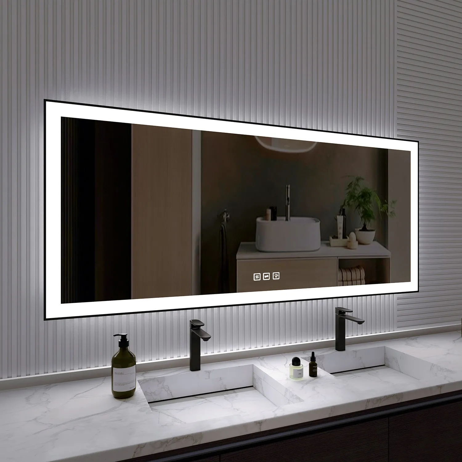 Waterpar® 72 in. W x 32 in. H Rectangular Framed Anti-Fog LED Wall Bathroom Vanity Mirror in Black with Backlit and Front Light