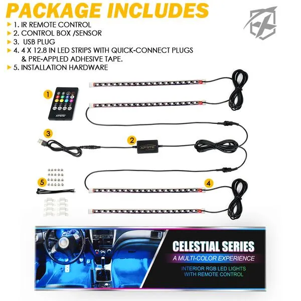 Xprite 4PC Celestial Series Bluetooth and Remote Control RGB LED Interior Car Light Set (USB Powered) DL-IL-G3